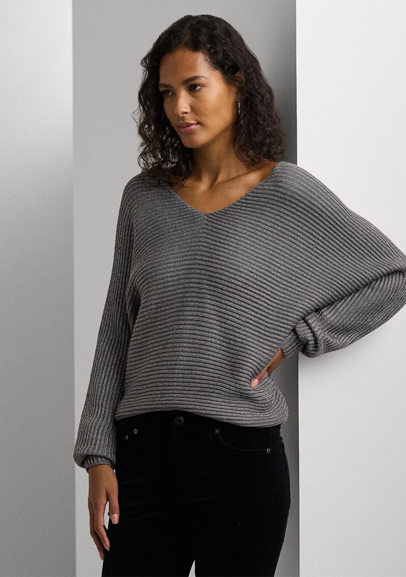 Petite Size Metallic Rib-Knit Dolman-Sleeve Sweater