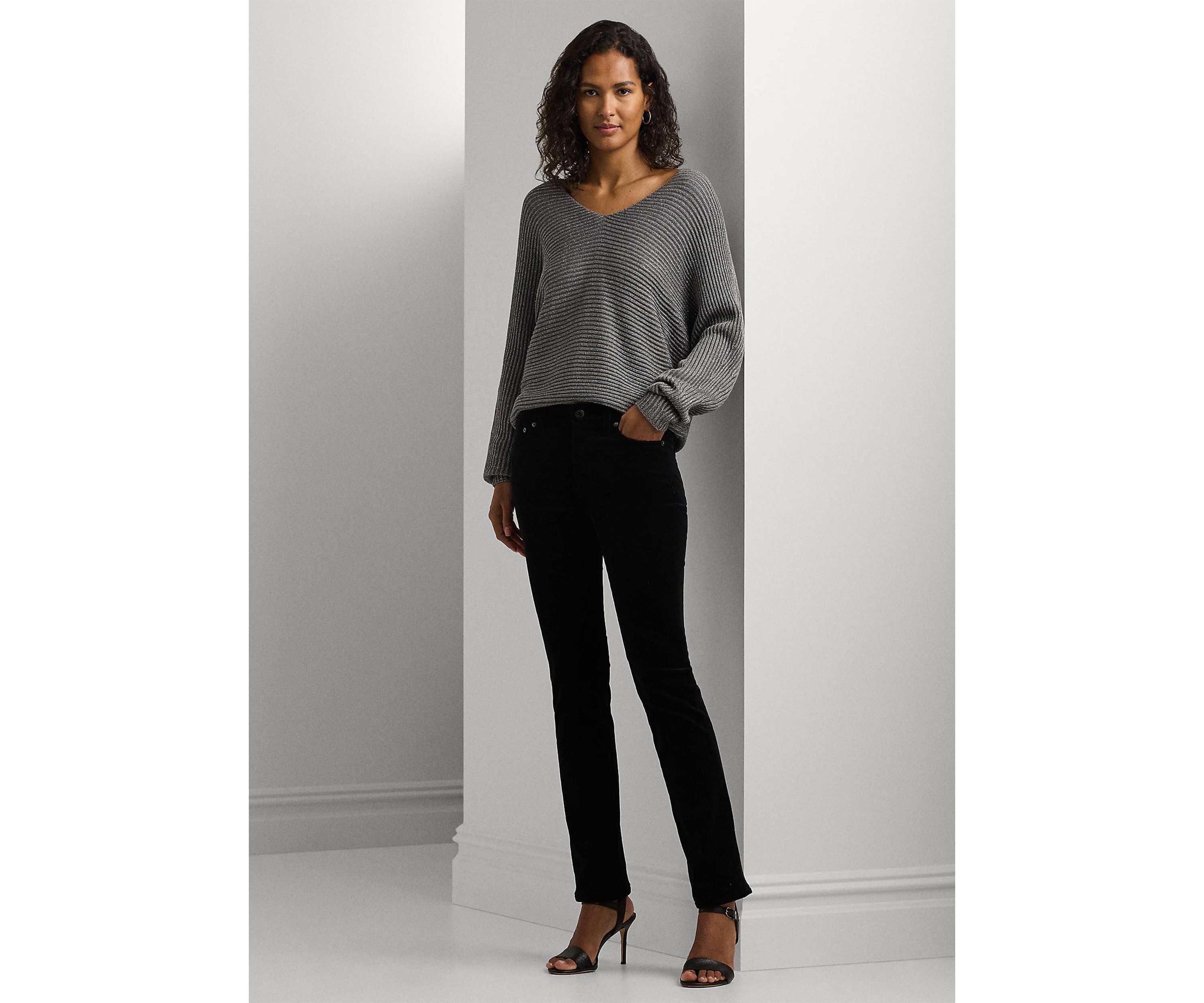 Petite Size Metallic Rib-Knit Dolman-Sleeve Sweater