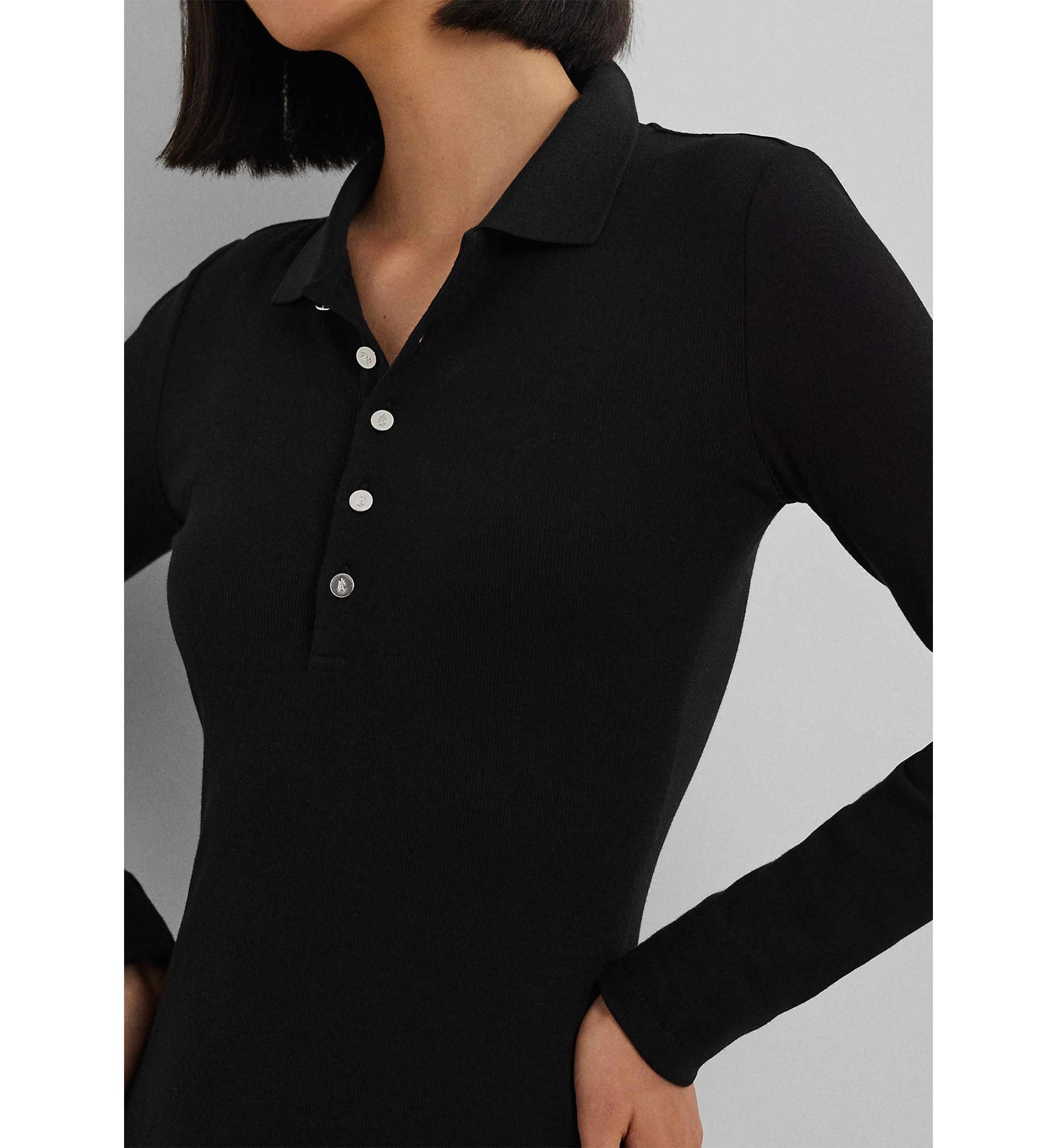 Petite Size Rib-Knit Cotton-Blend Polo Dress
