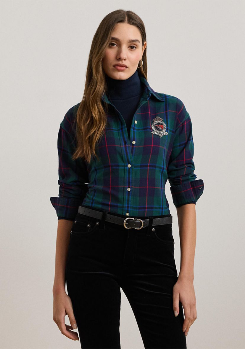 Petite Size Relaxed Fit Black Watch Plaid Shirt