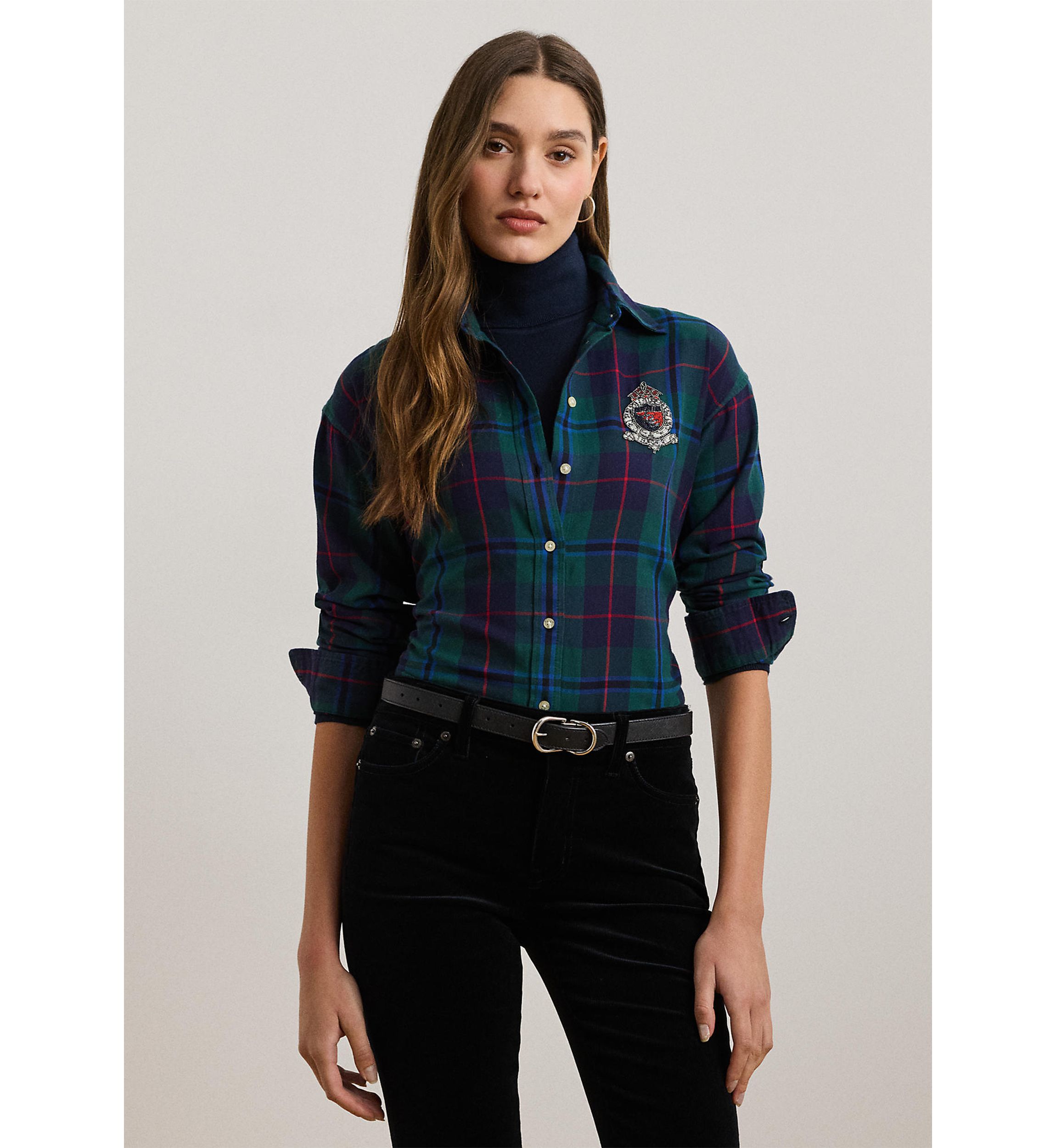 Petite Size Relaxed Fit Black Watch Plaid Shirt