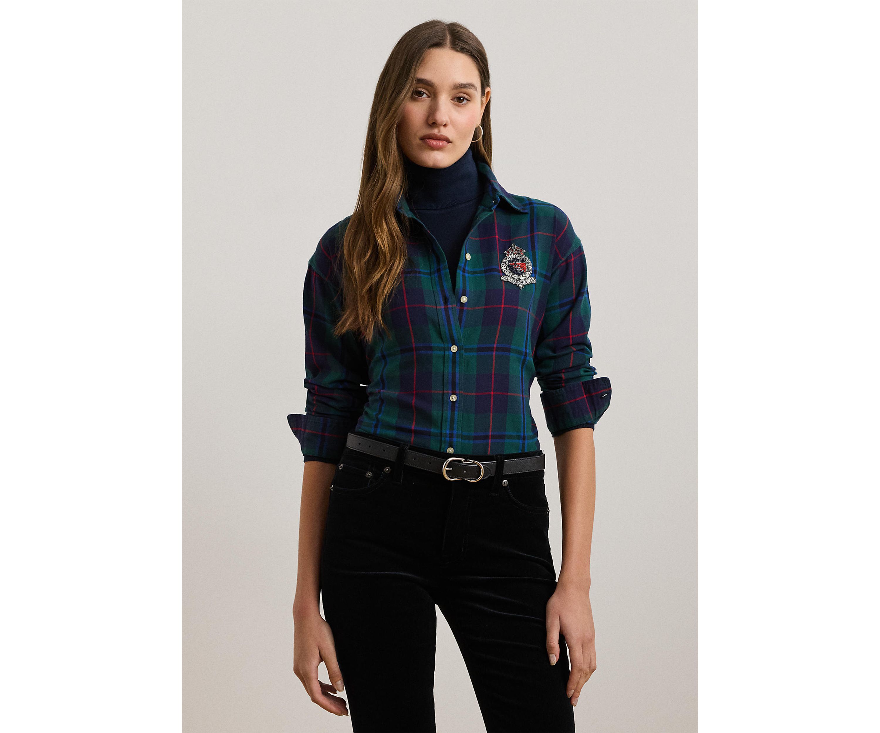 Petite Size Relaxed Fit Black Watch Plaid Shirt