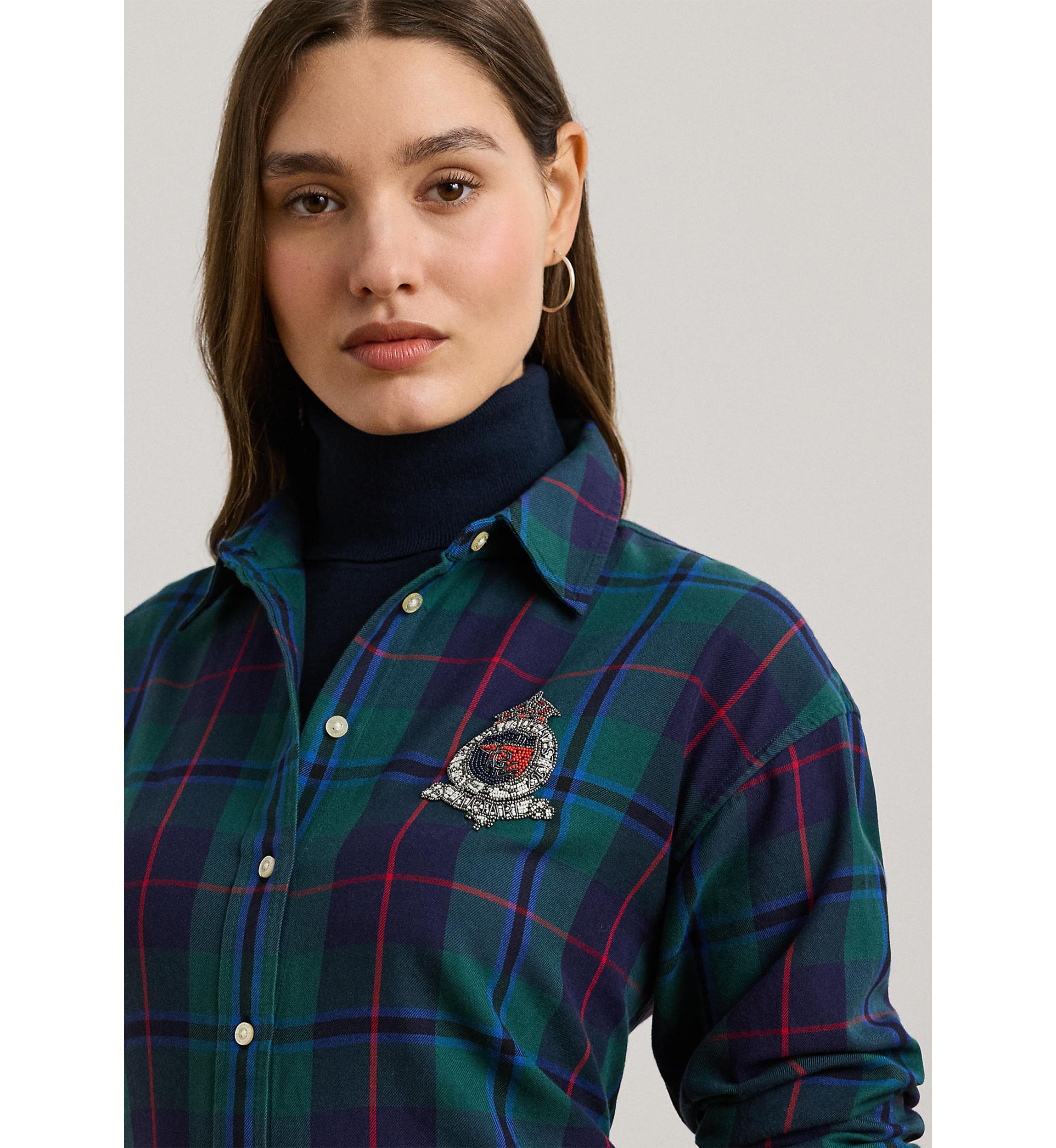 Petite Size Relaxed Fit Black Watch Plaid Shirt