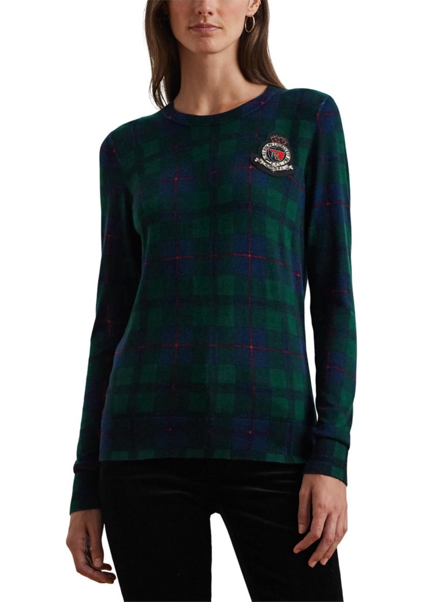 Petite Size Black Watch Plaid Beaded-Crest Sweater