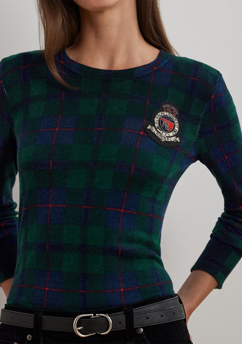 Petite Size Black Watch Plaid Beaded-Crest Sweater