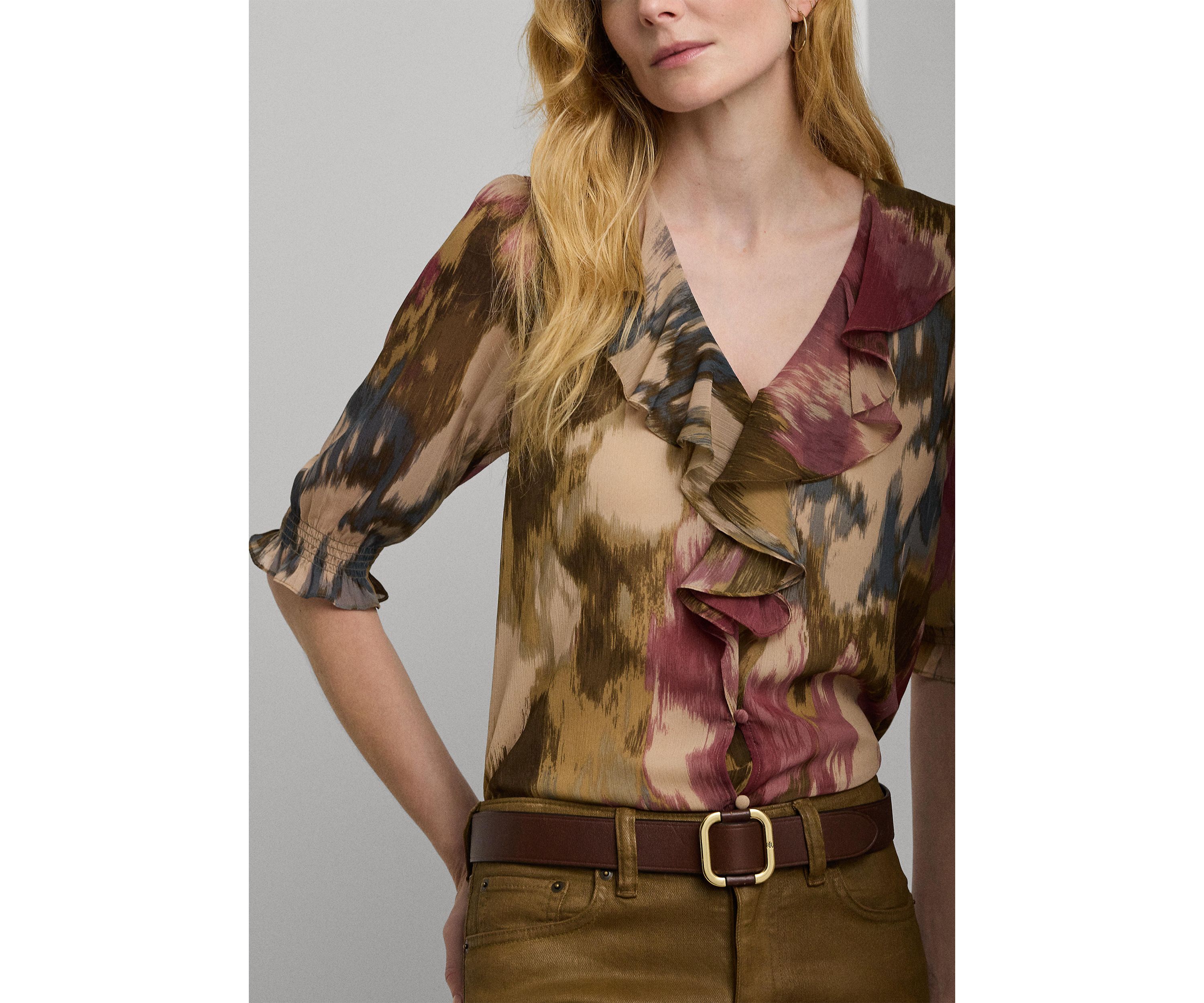 Petite Floral Georgette Ruffle Trim Blouse