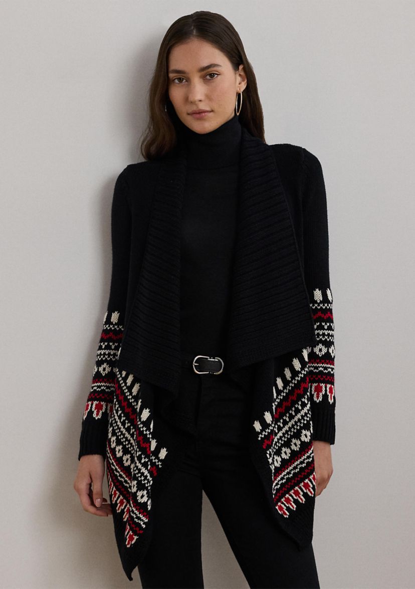 Petite Size Fair Isle Cotton Shawl Collar Cardigan