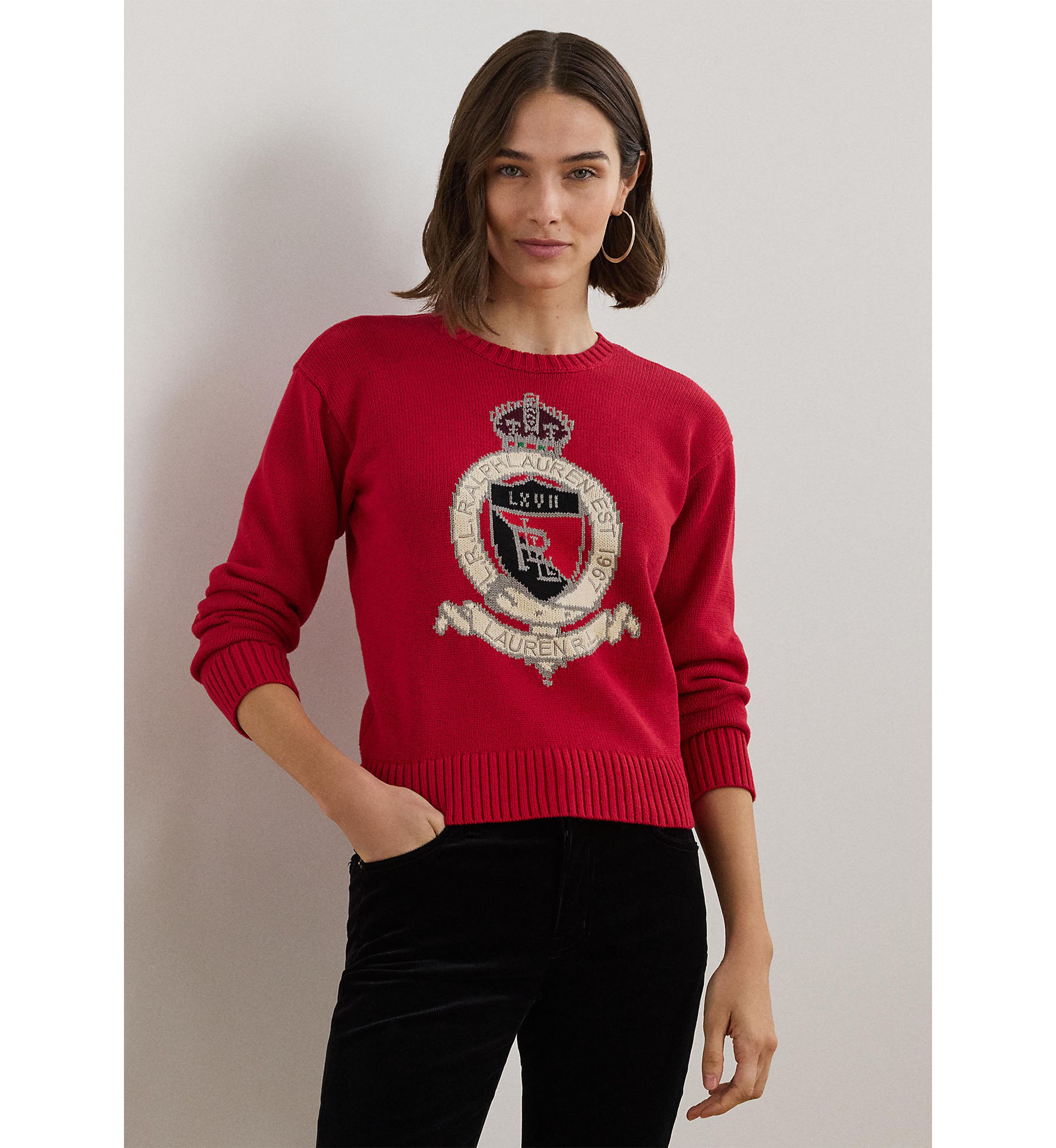 Petite Size Intarsia-Knit Crest Cotton Sweater