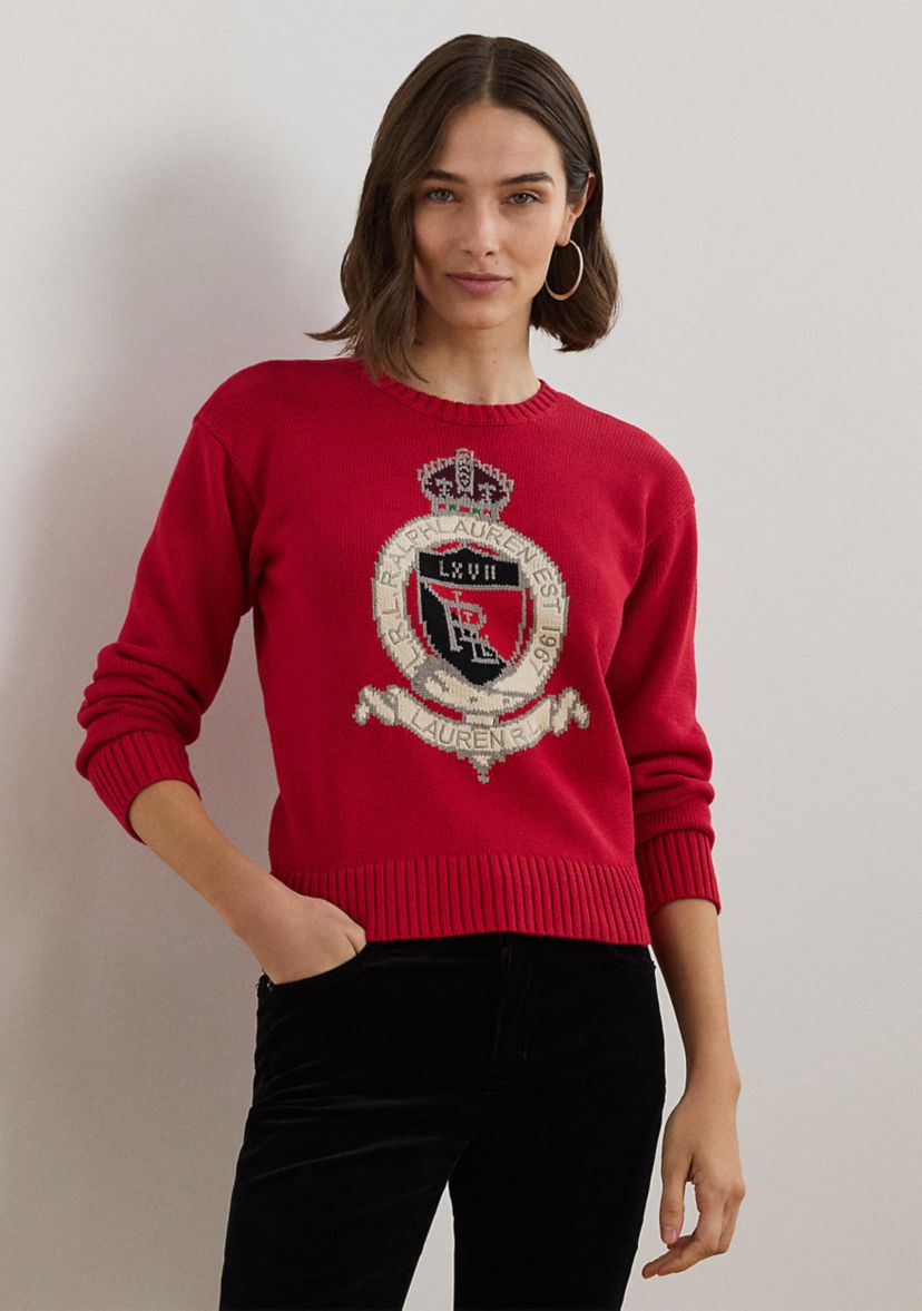 Petite Size Intarsia-Knit Crest Cotton Sweater