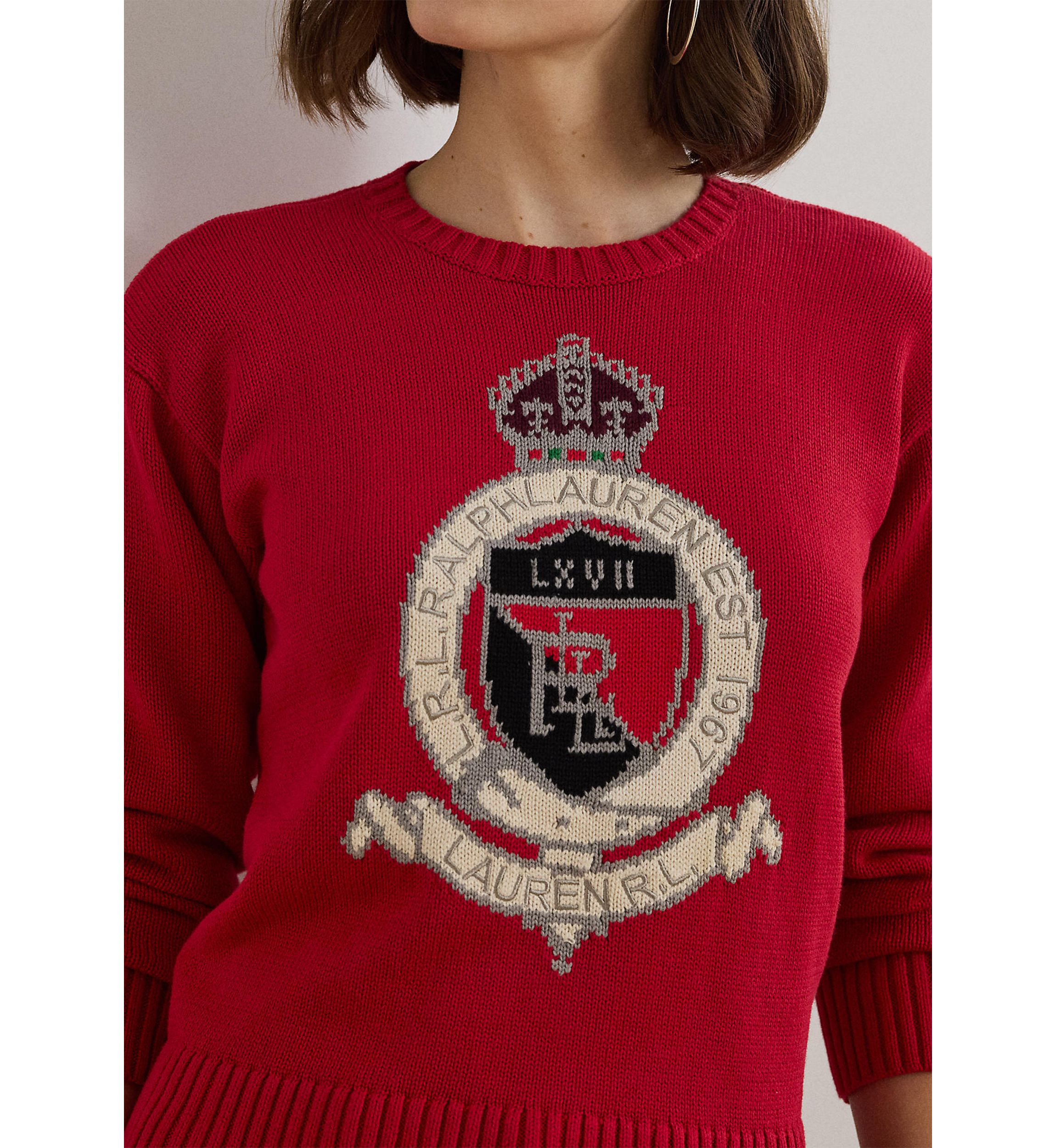 Petite Size Intarsia-Knit Crest Cotton Sweater