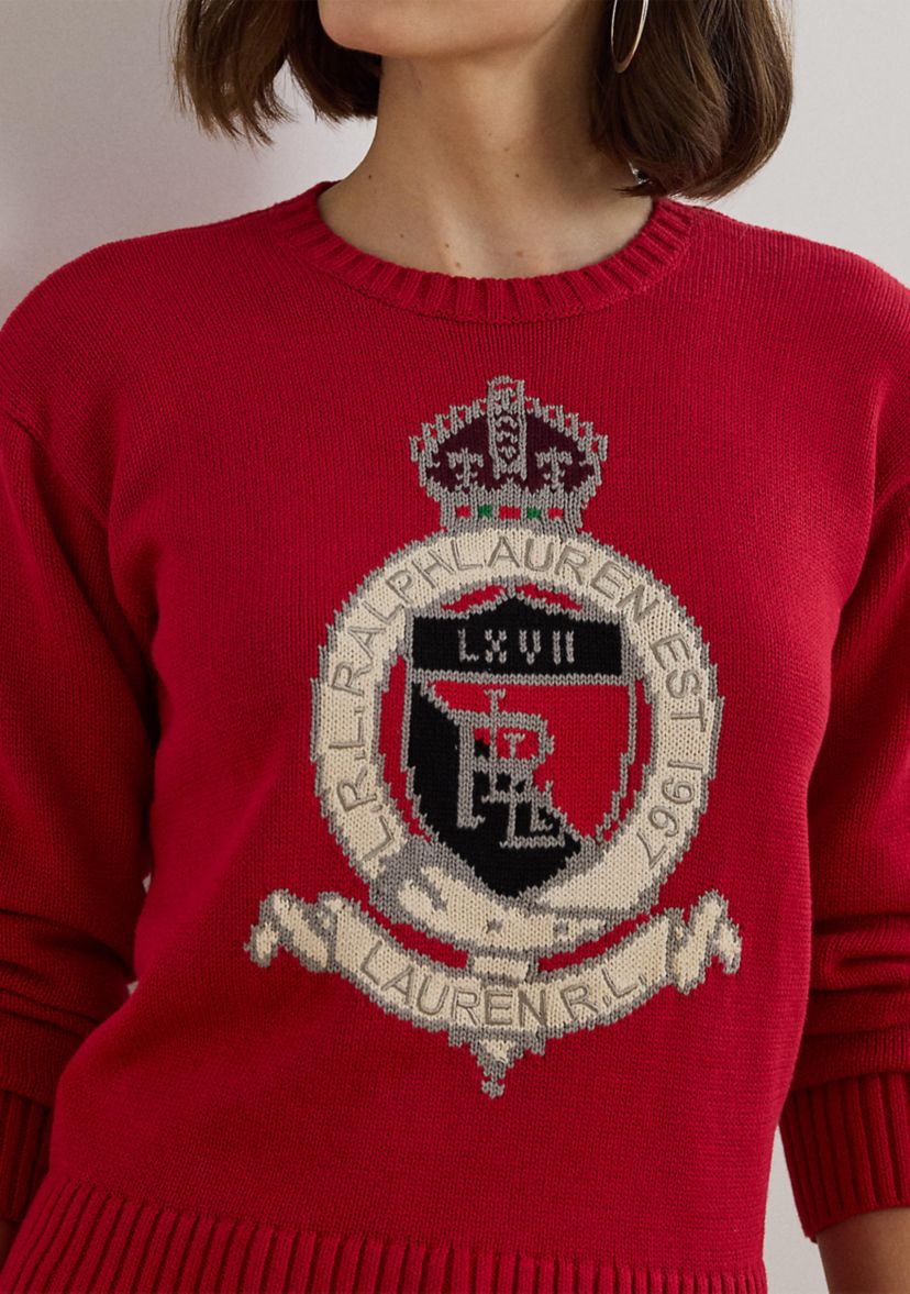 Petite Size Intarsia-Knit Crest Cotton Sweater