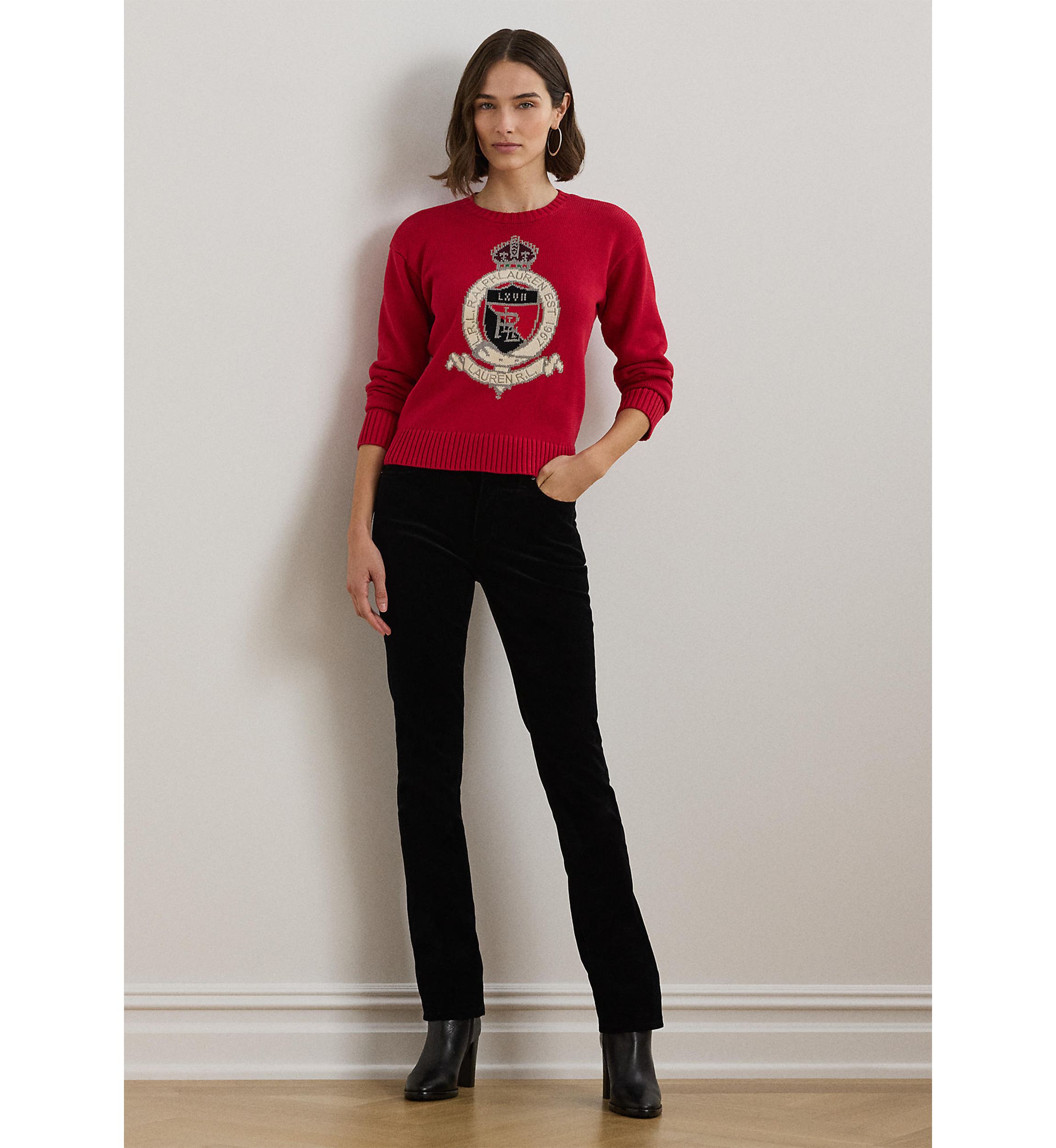 Petite Size Intarsia-Knit Crest Cotton Sweater