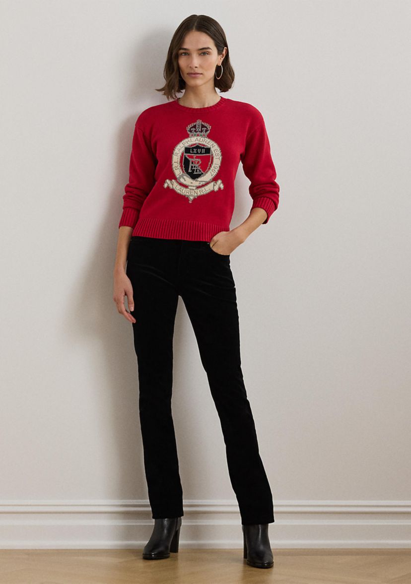 Petite Size Intarsia-Knit Crest Cotton Sweater