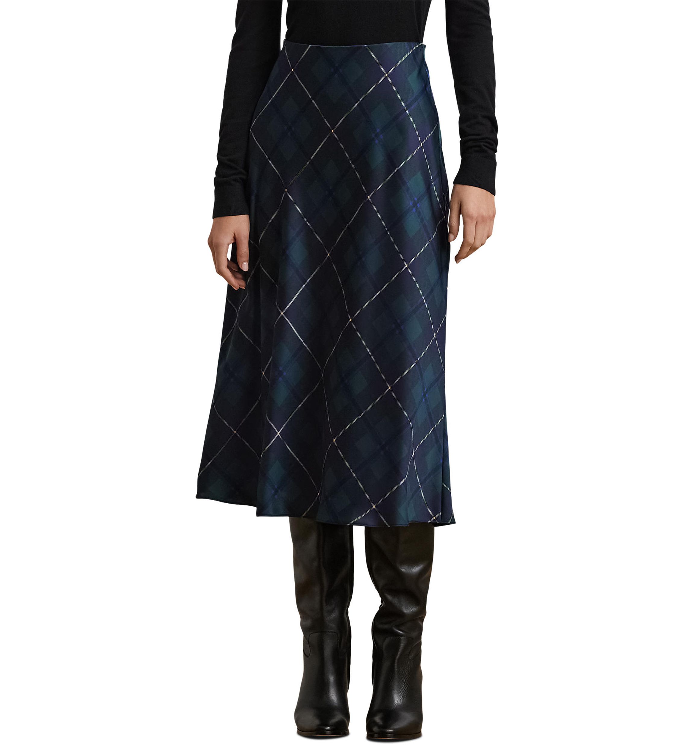 Petite Plaid Satin Charmeuse Midi Skirt