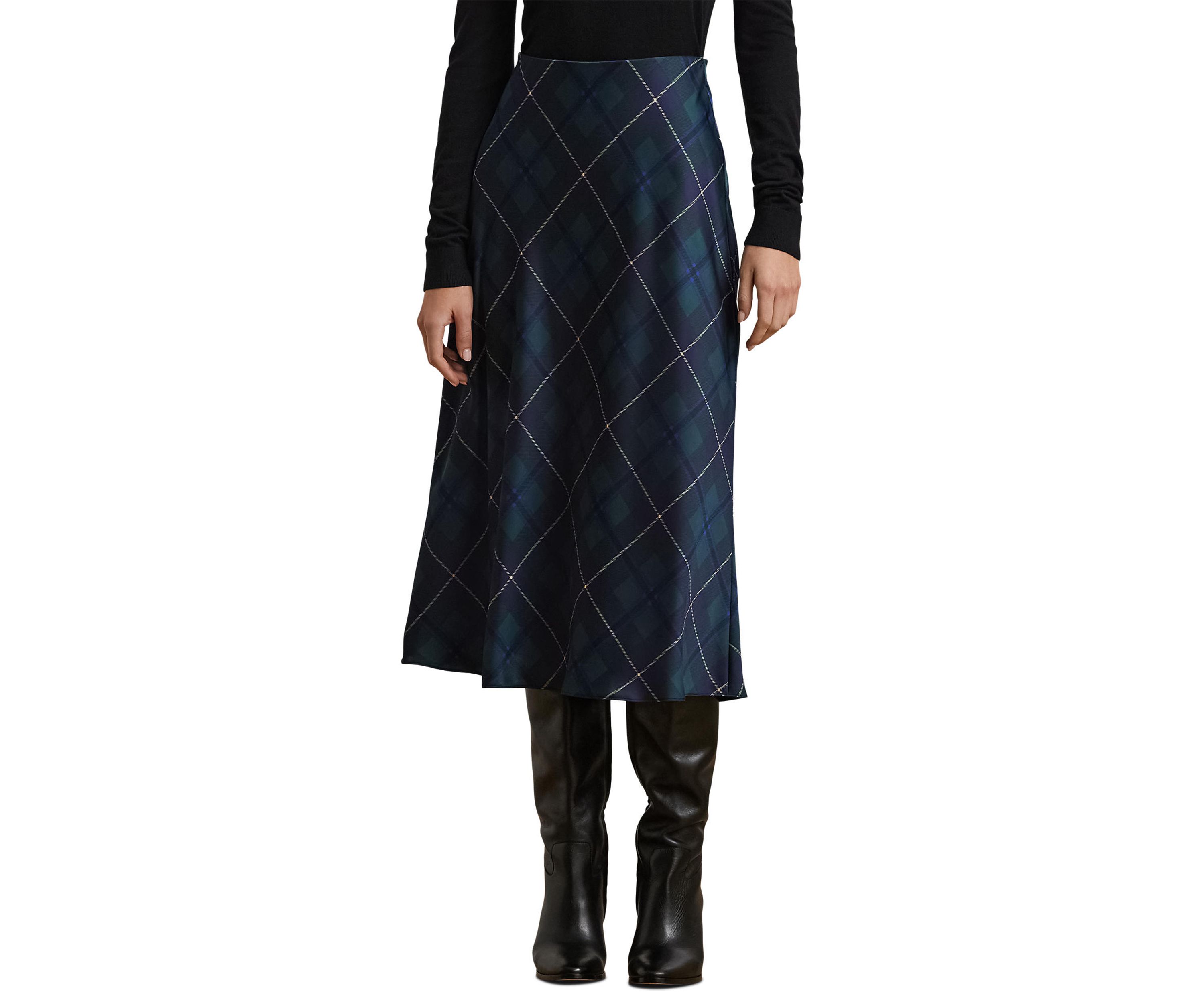 Petite Plaid Satin Charmeuse Midi Skirt