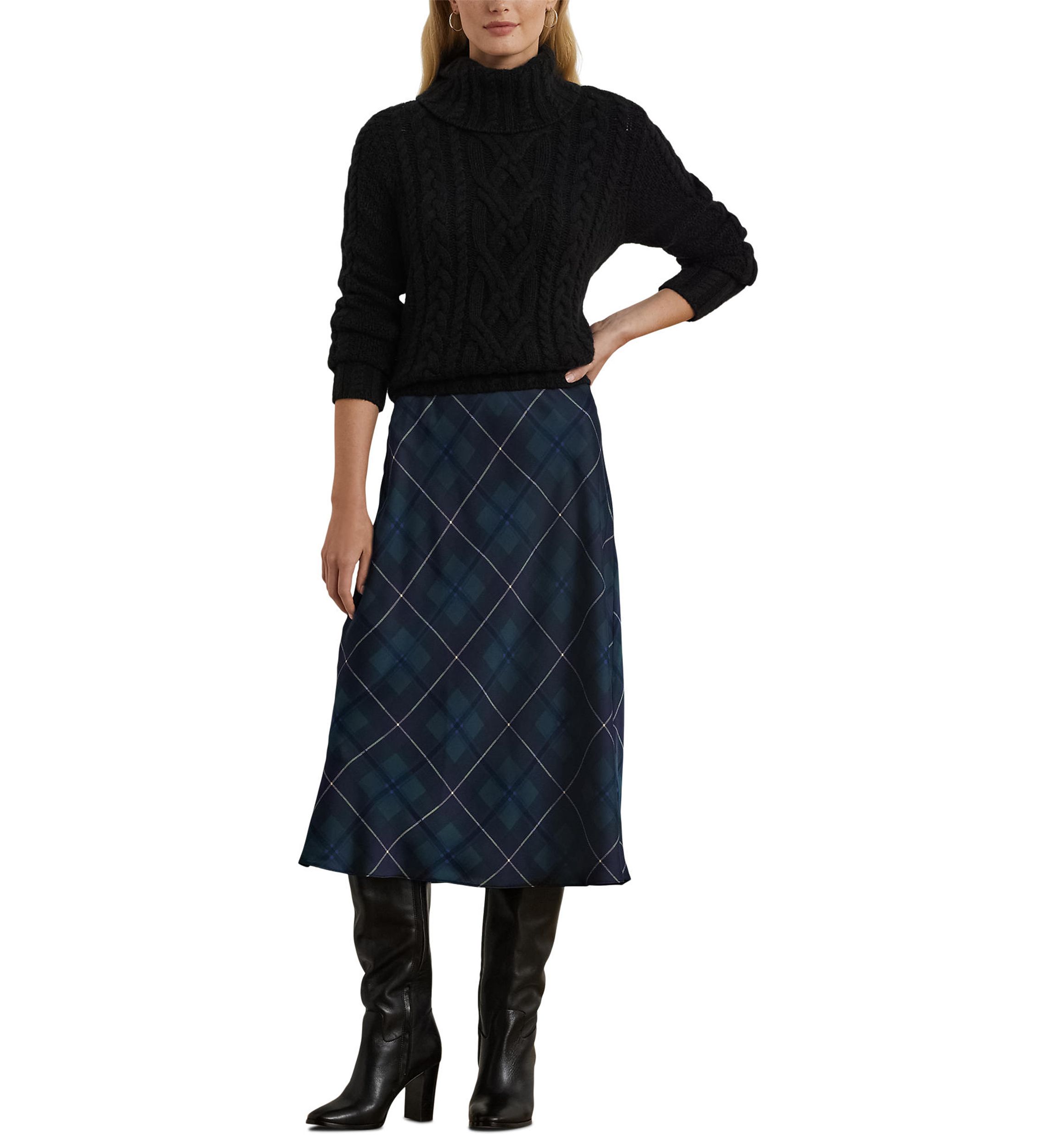 Petite Plaid Satin Charmeuse Midi Skirt