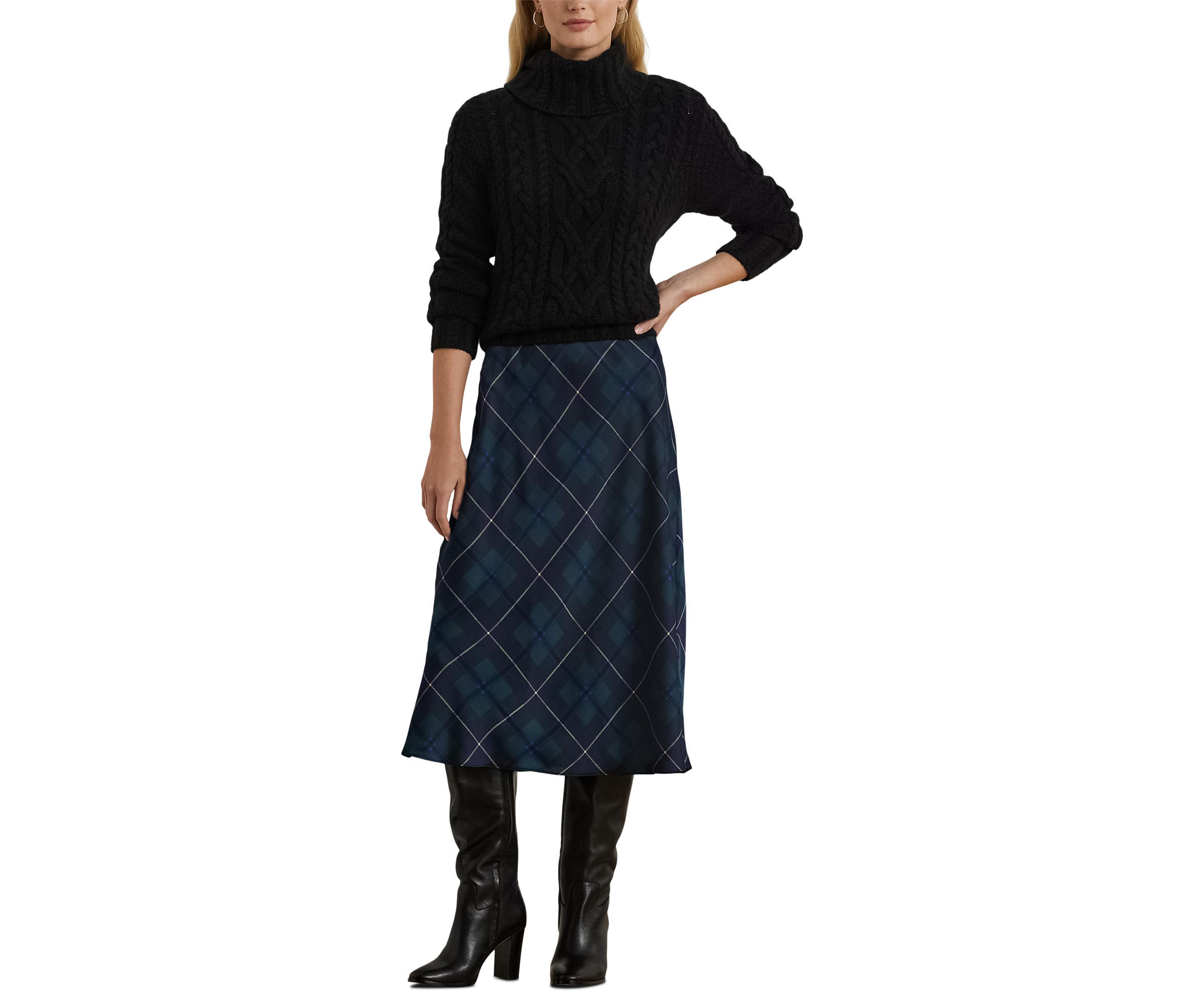 Petite Plaid Satin Charmeuse Midi Skirt