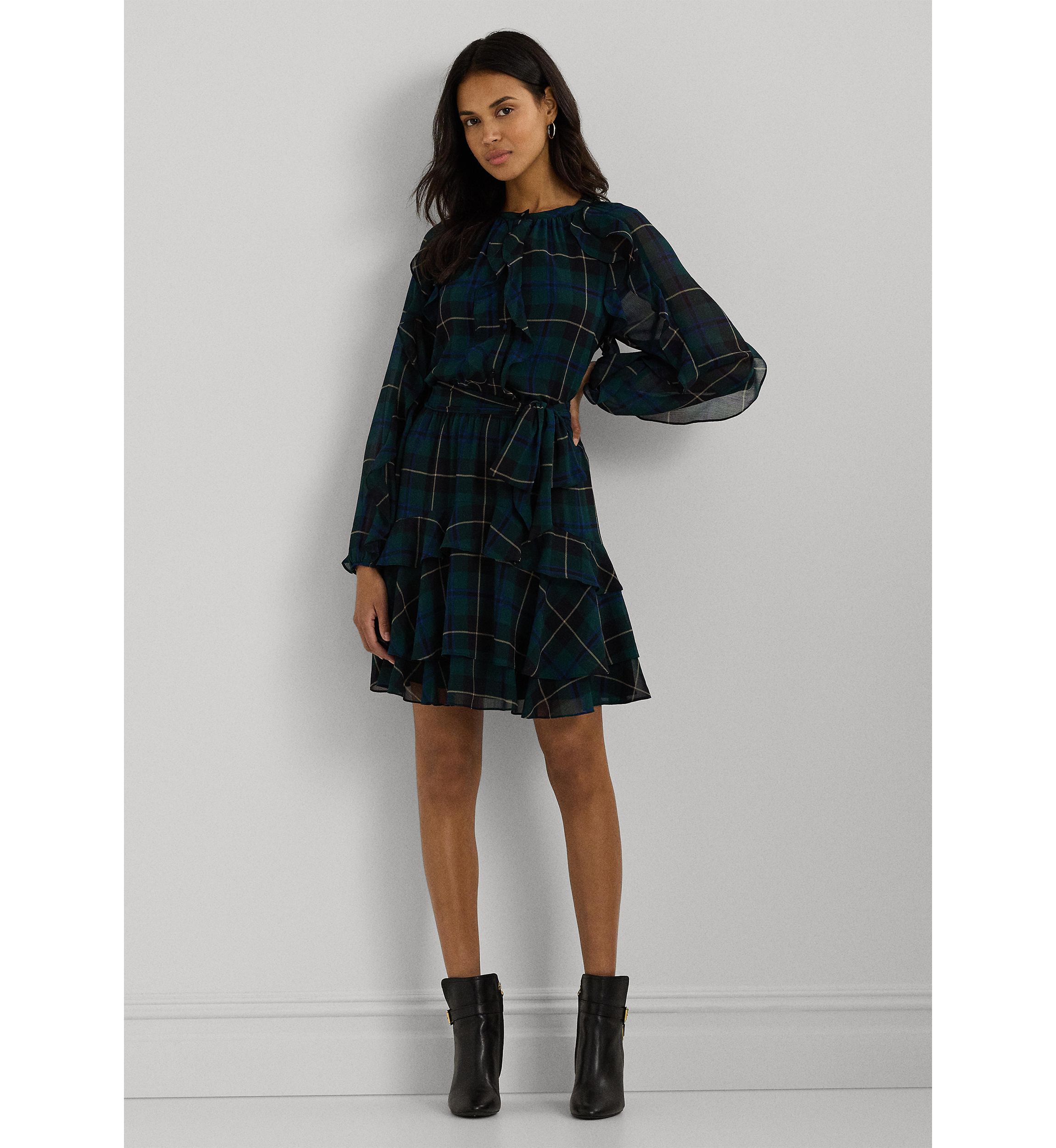 Petite Plaid Ruffle Trim Georgette Tiered Dress