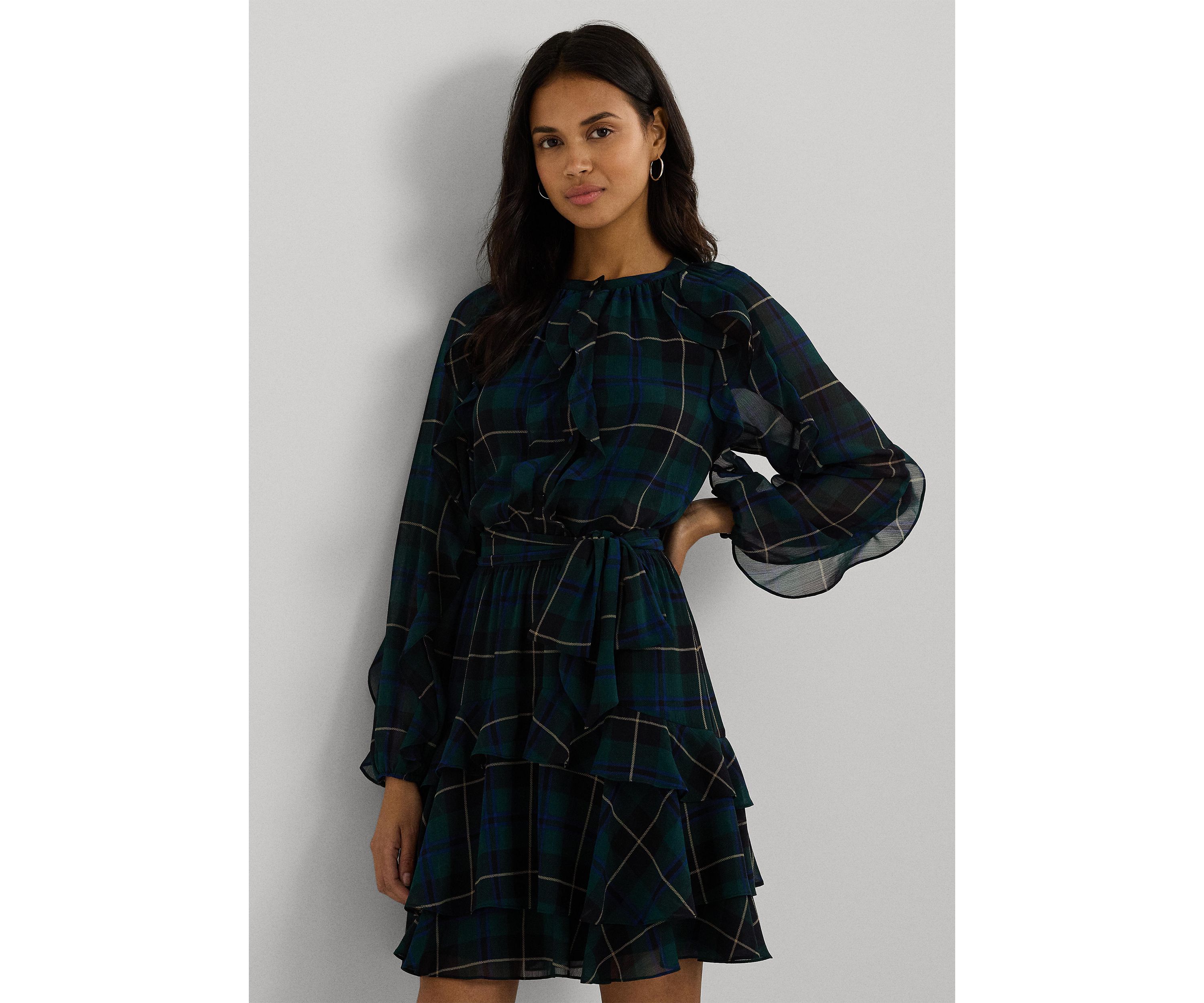Petite Plaid Ruffle Trim Georgette Tiered Dress