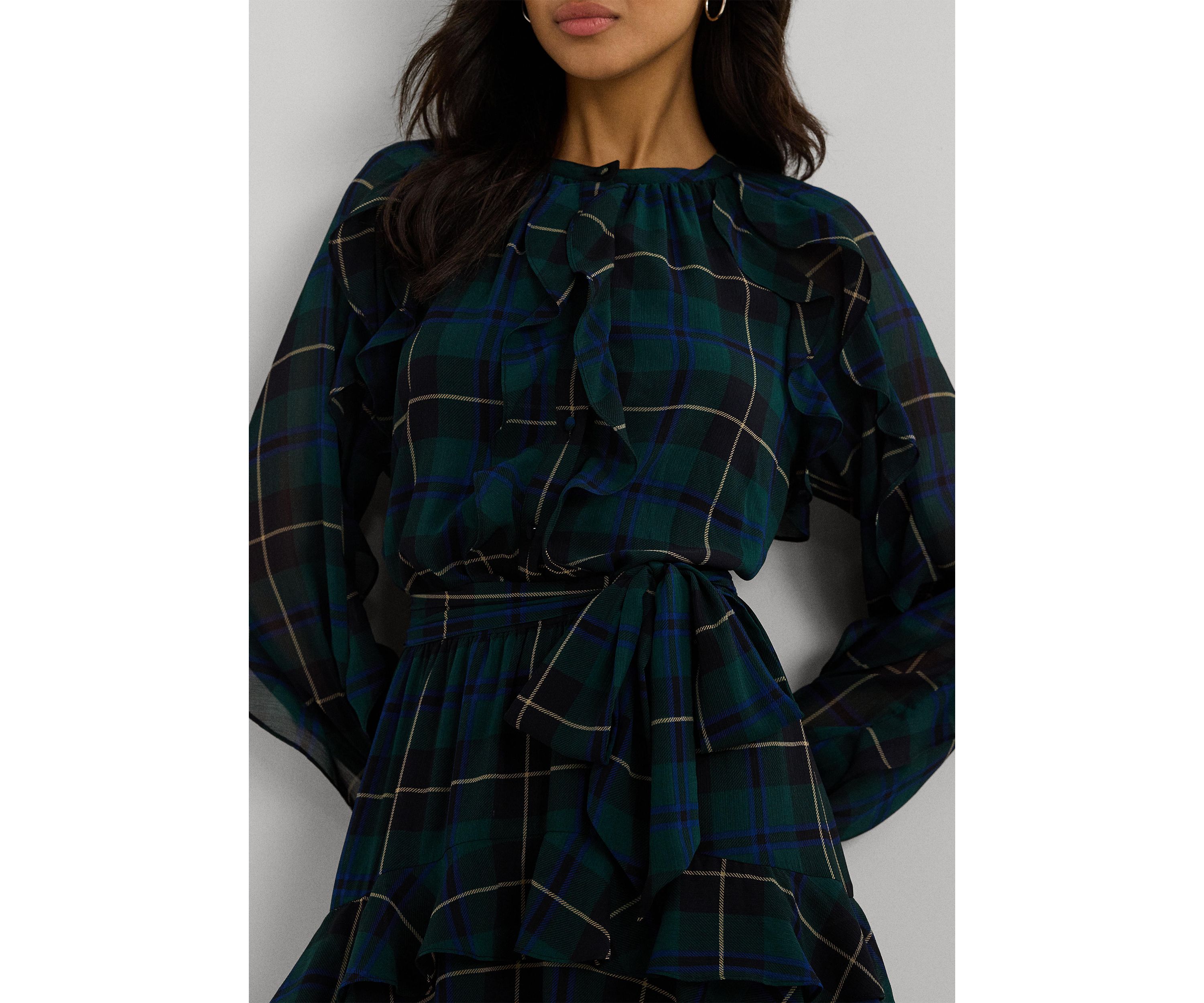 Petite Plaid Ruffle Trim Georgette Tiered Dress