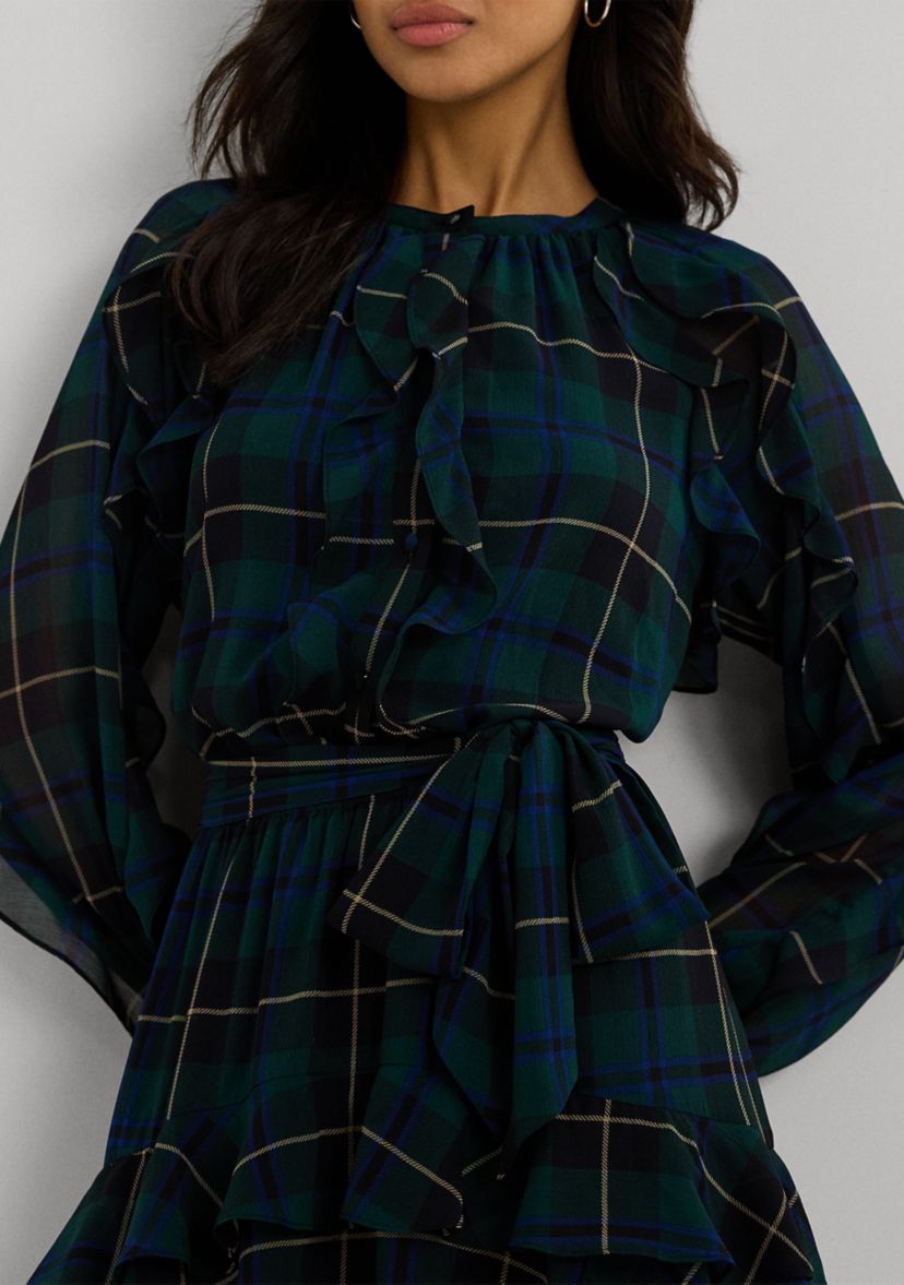 Petite Plaid Ruffle Trim Georgette Tiered Dress