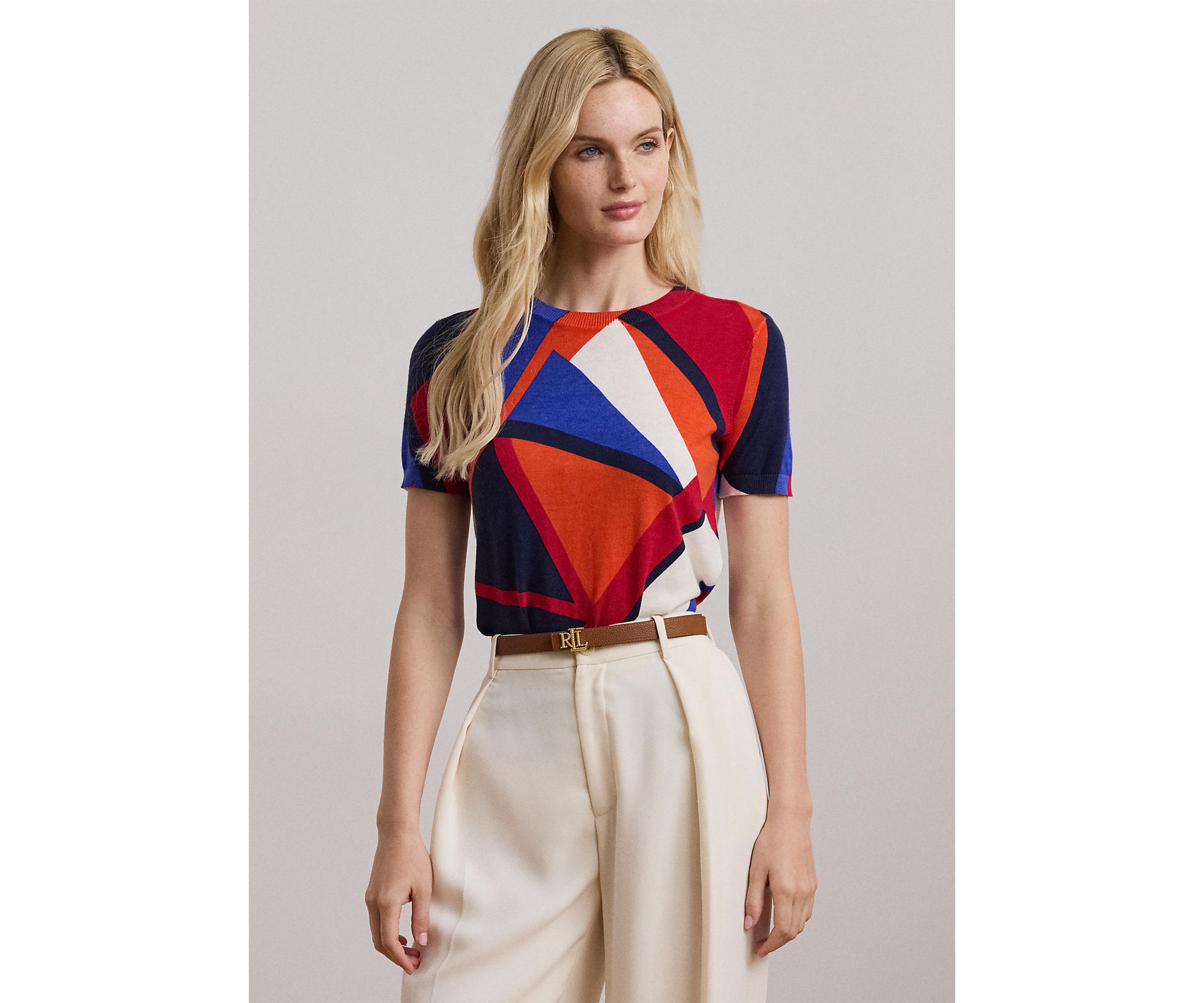 Petite Print Cotton-Blend Short-Sleeve Sweater