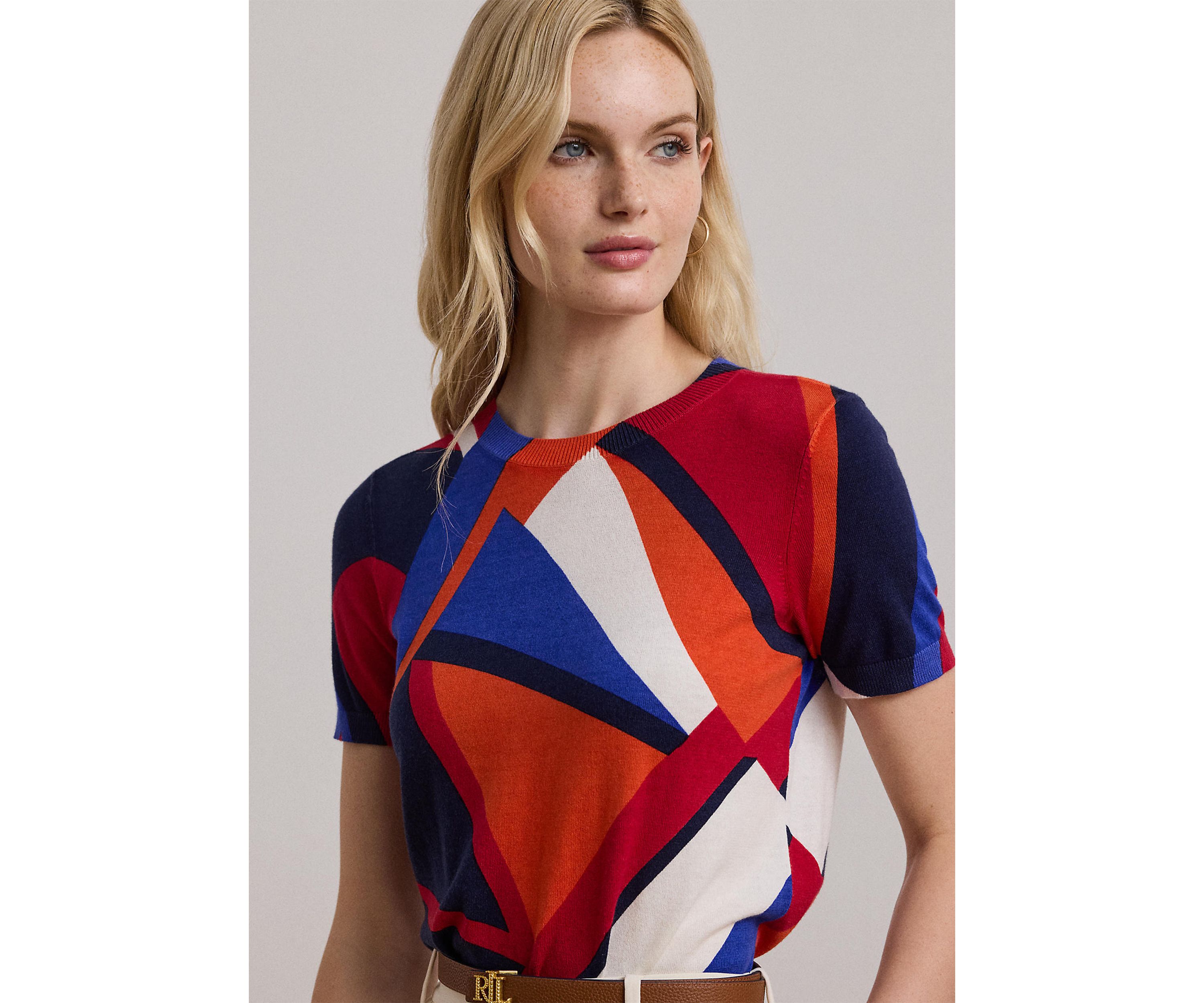 Petite Print Cotton-Blend Short-Sleeve Sweater