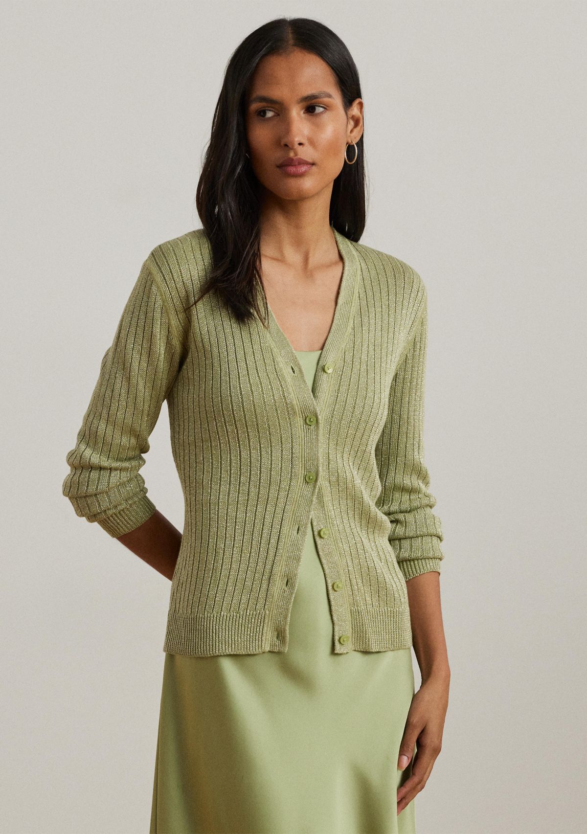 Petite Metallic Linen-Blend Rib-Knit Cardigan