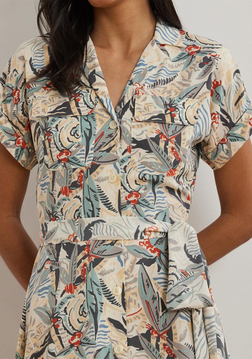 Petite Print Belted Crepe Camp Shirtdress