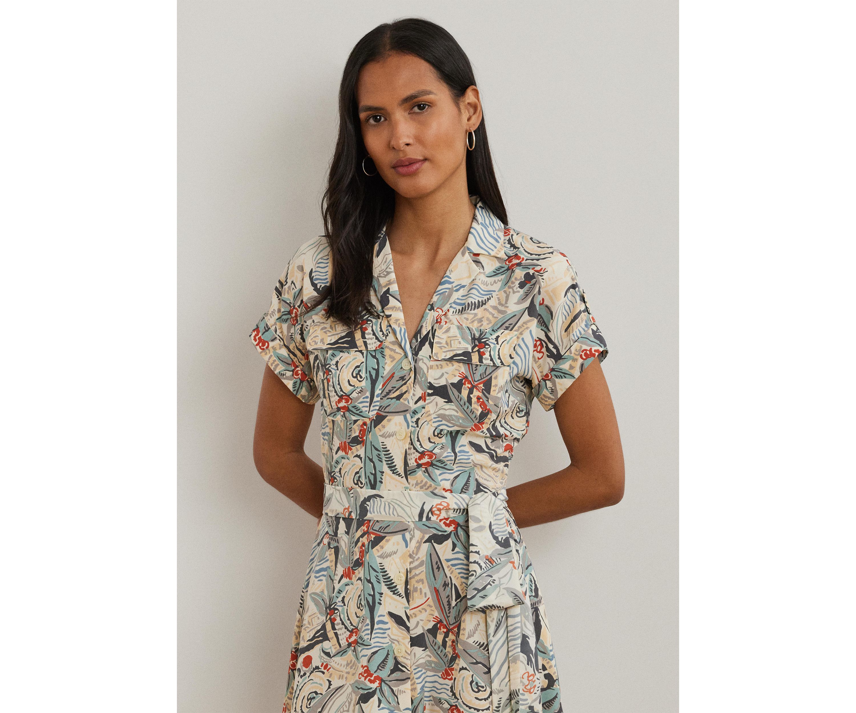 Petite Print Belted Crepe Camp Shirtdress