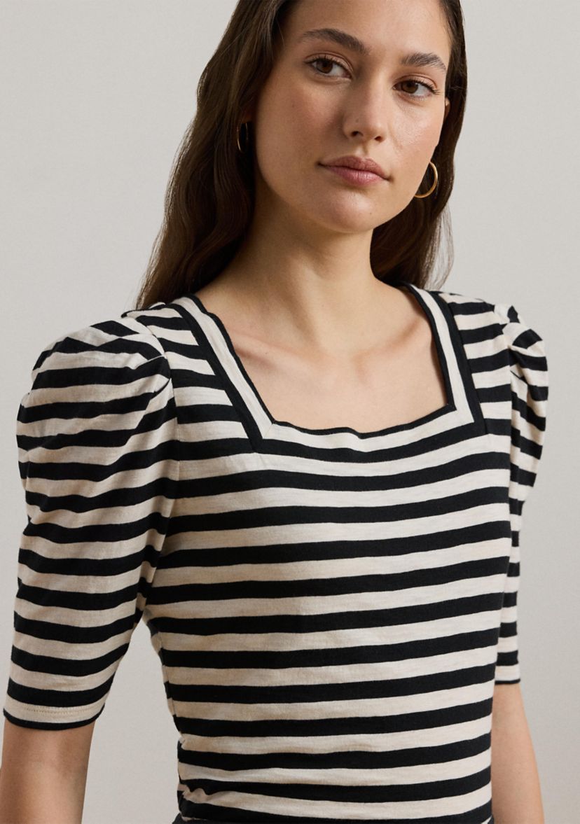 Petite Striped Cotton Jersey Puff-Sleeve T-Shirt