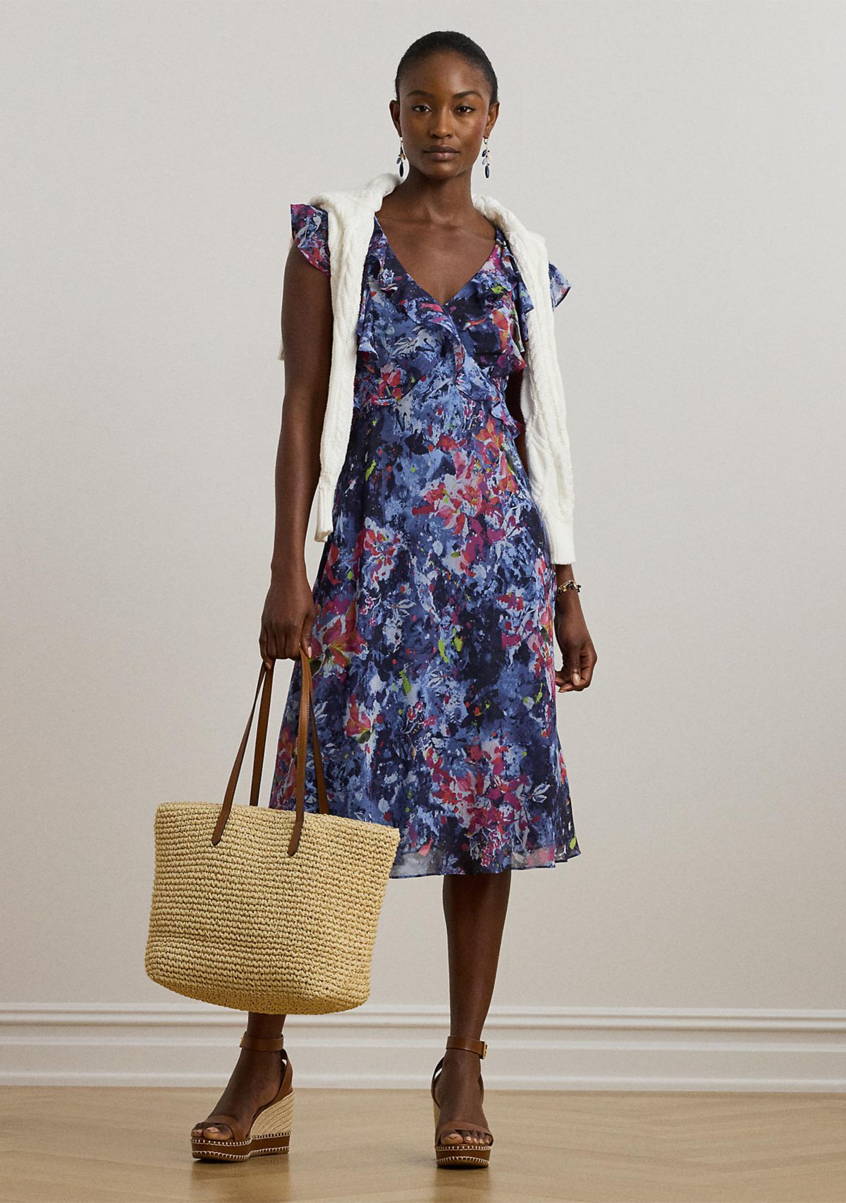 Petite Print Ruffle Trim Georgette Midi Dress