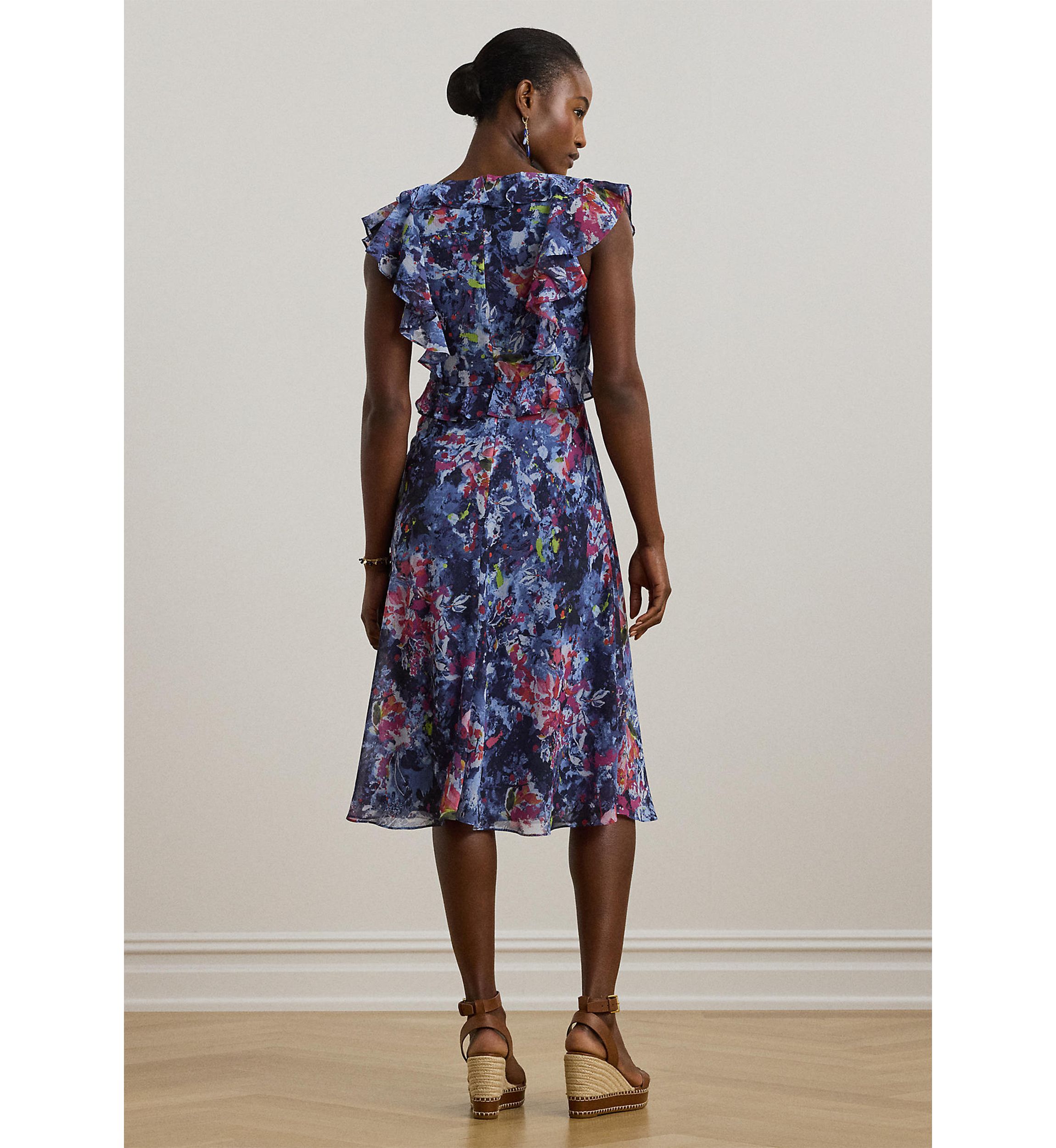 Petite Print Ruffle Trim Georgette Midi Dress