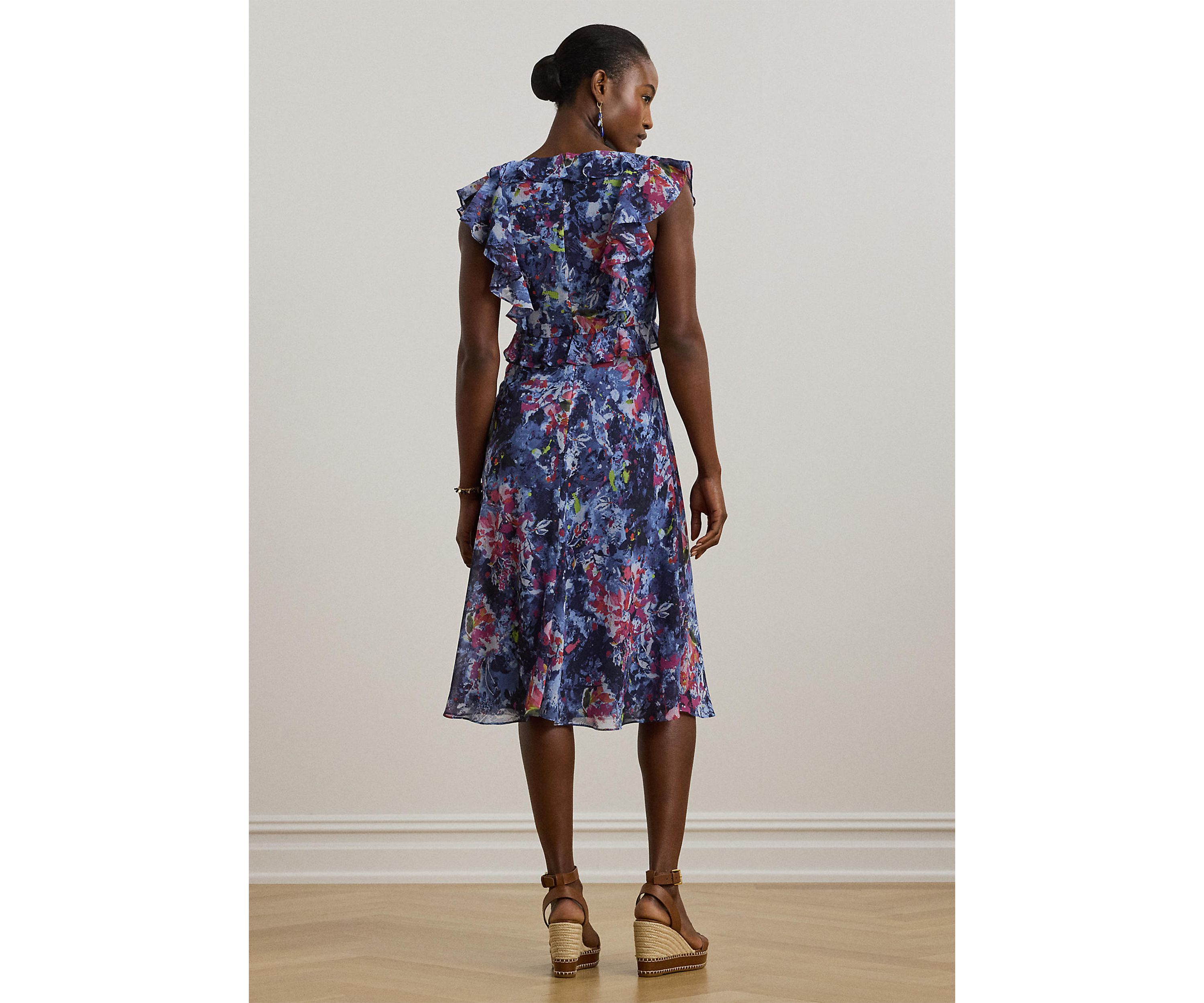 Petite Print Ruffle Trim Georgette Midi Dress