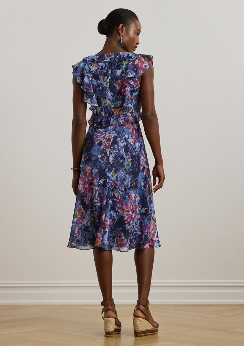 Petite Print Ruffle Trim Georgette Midi Dress