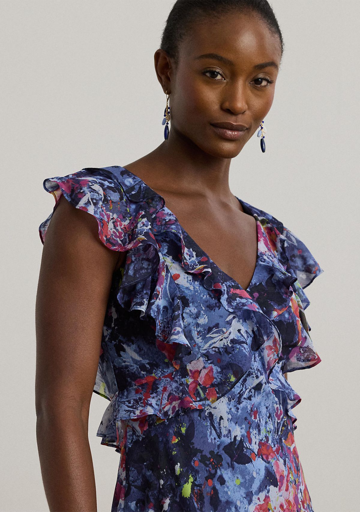 Petite Print Ruffle Trim Georgette Midi Dress