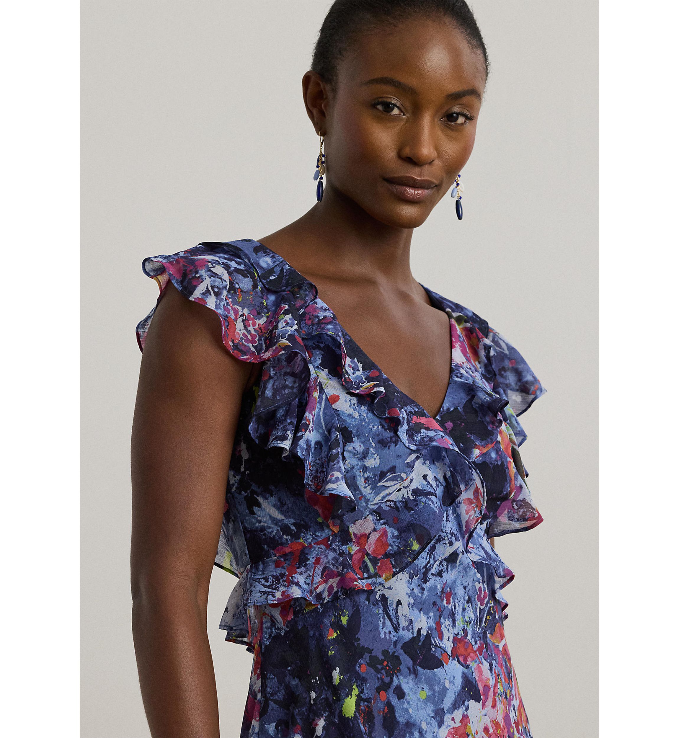 Petite Print Ruffle Trim Georgette Midi Dress