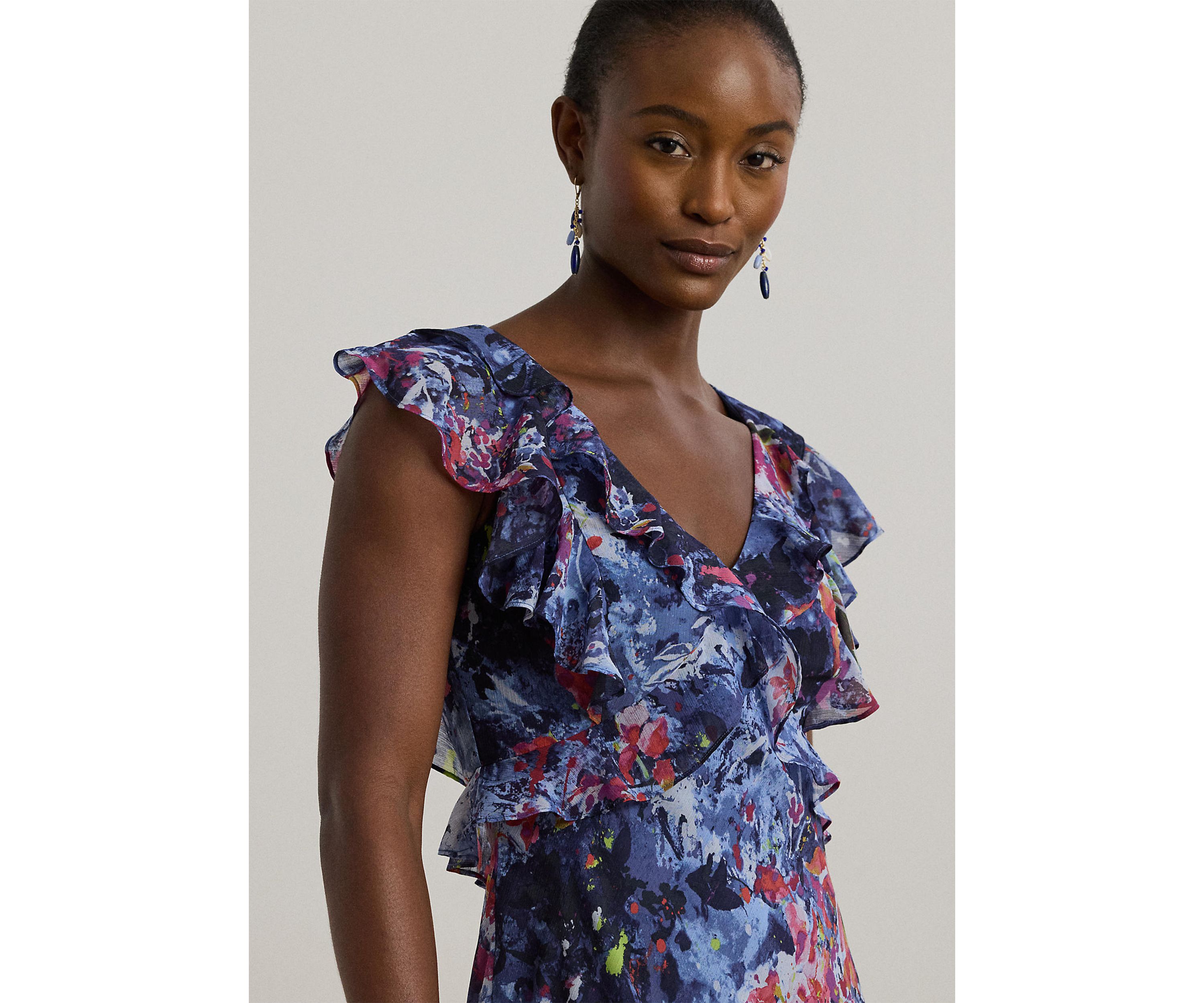 Petite Print Ruffle Trim Georgette Midi Dress