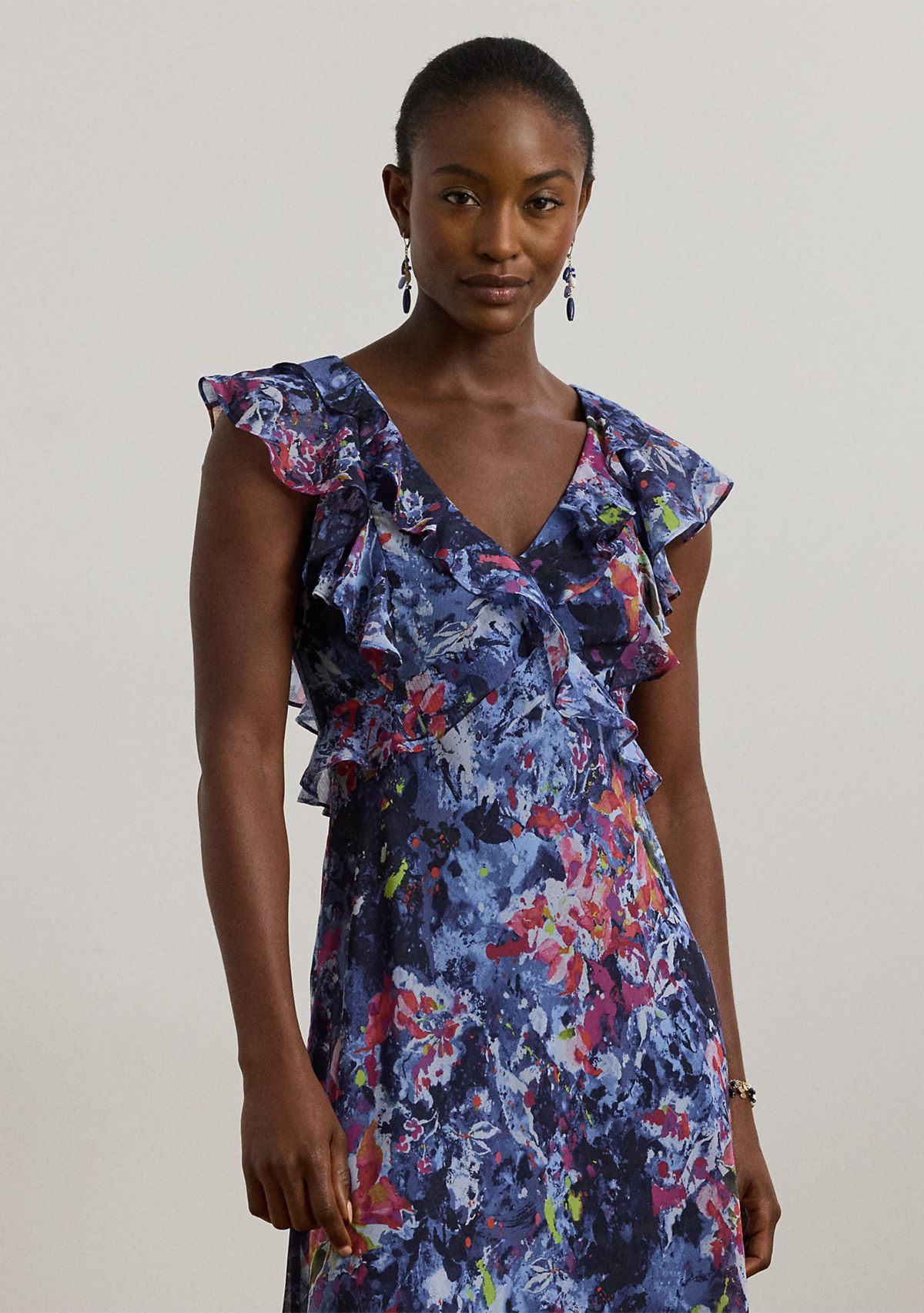 Petite Print Ruffle Trim Georgette Midi Dress