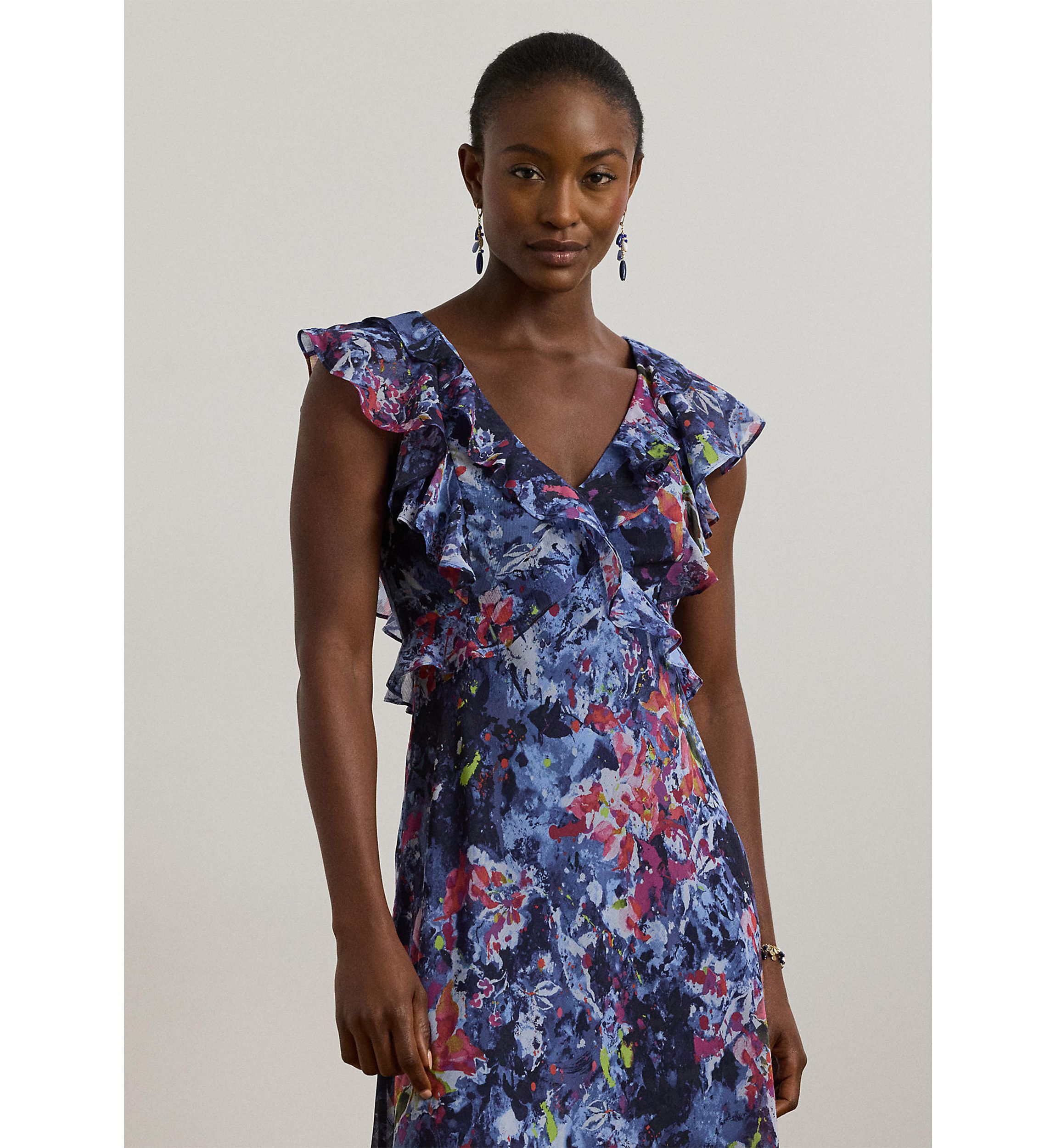 Petite Print Ruffle Trim Georgette Midi Dress