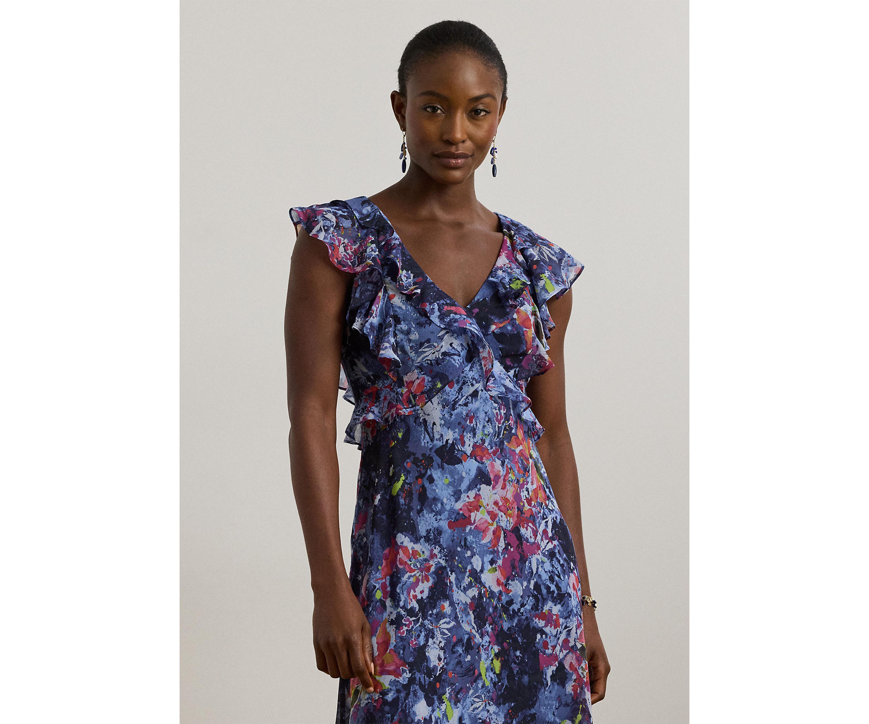 Petite Print Ruffle Trim Georgette Midi Dress