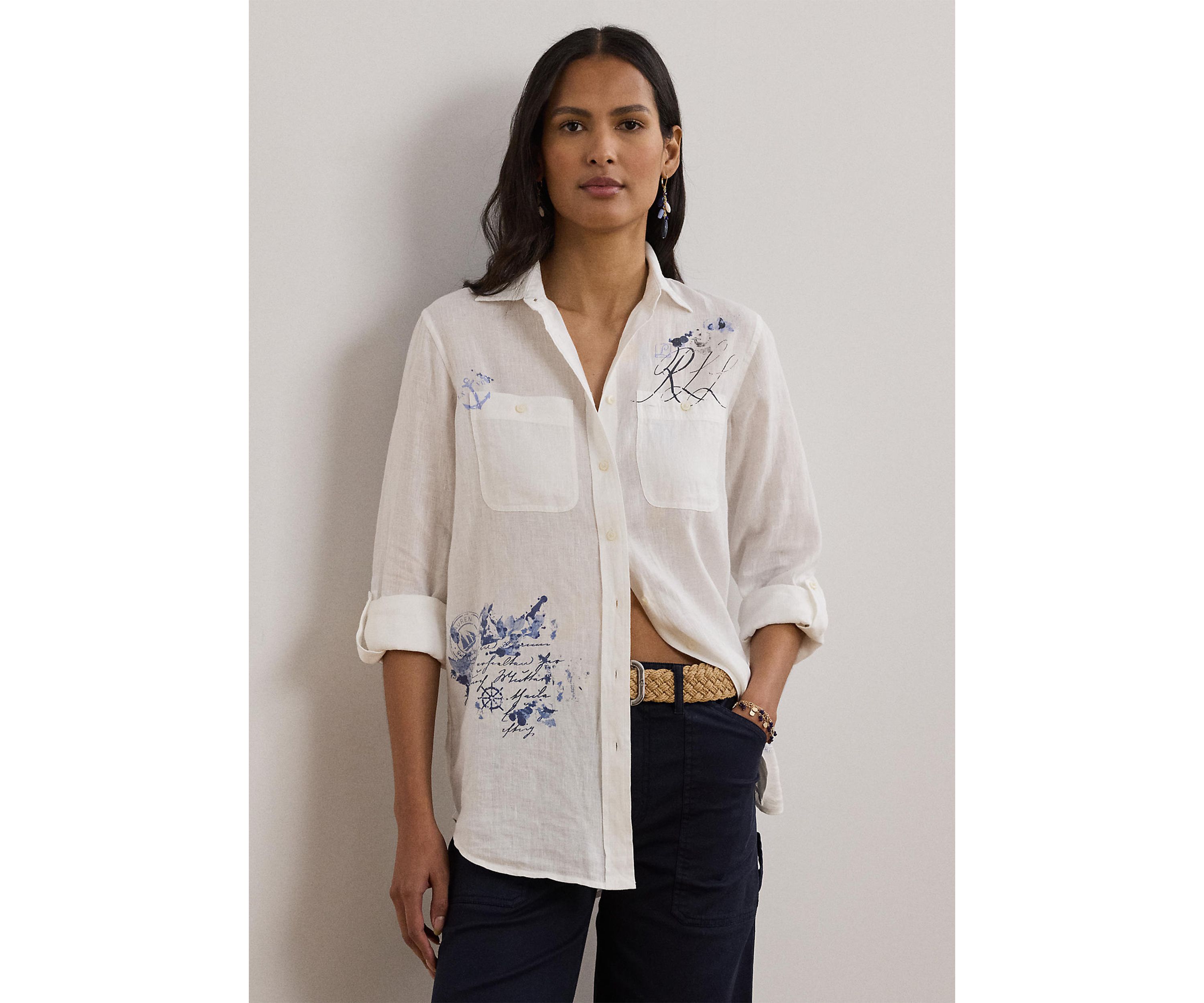 Petite Relaxed Fit Print Roll Tab Sleeve Shirt