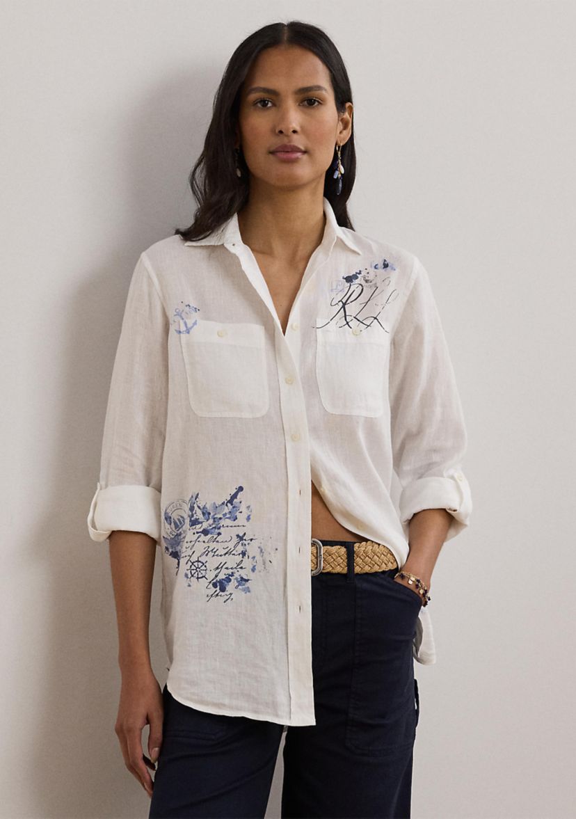 Petite Relaxed Fit Print Roll Tab Sleeve Shirt