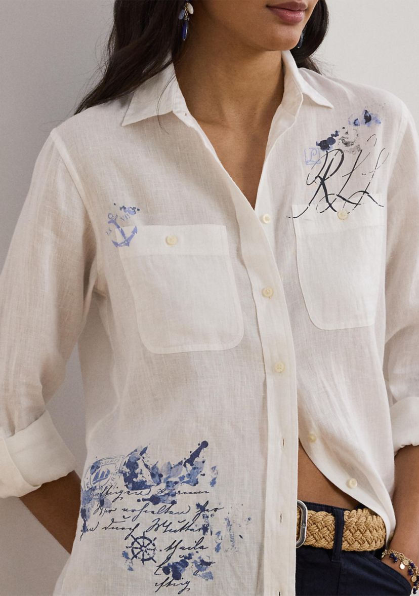 Petite Relaxed Fit Print Roll Tab Sleeve Shirt