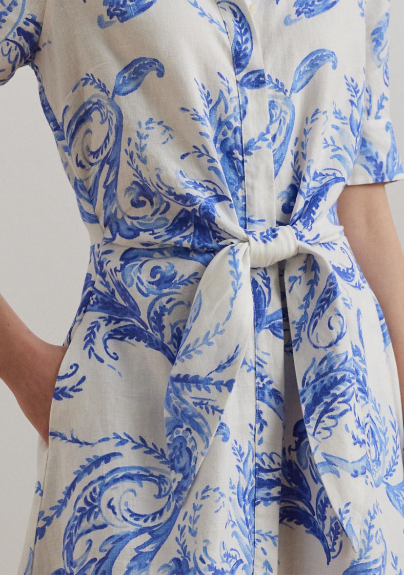 Petite Paisley Tie Front Linen Shirtdress