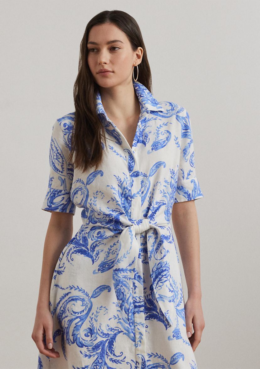Petite Paisley Tie Front Linen Shirtdress