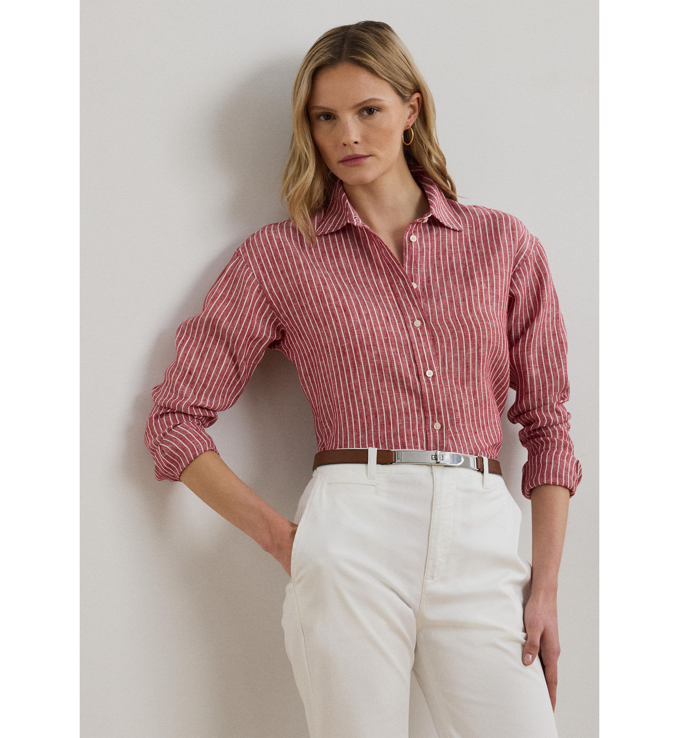 Womens Petite Relaxed Fit Striped Linen Shirt