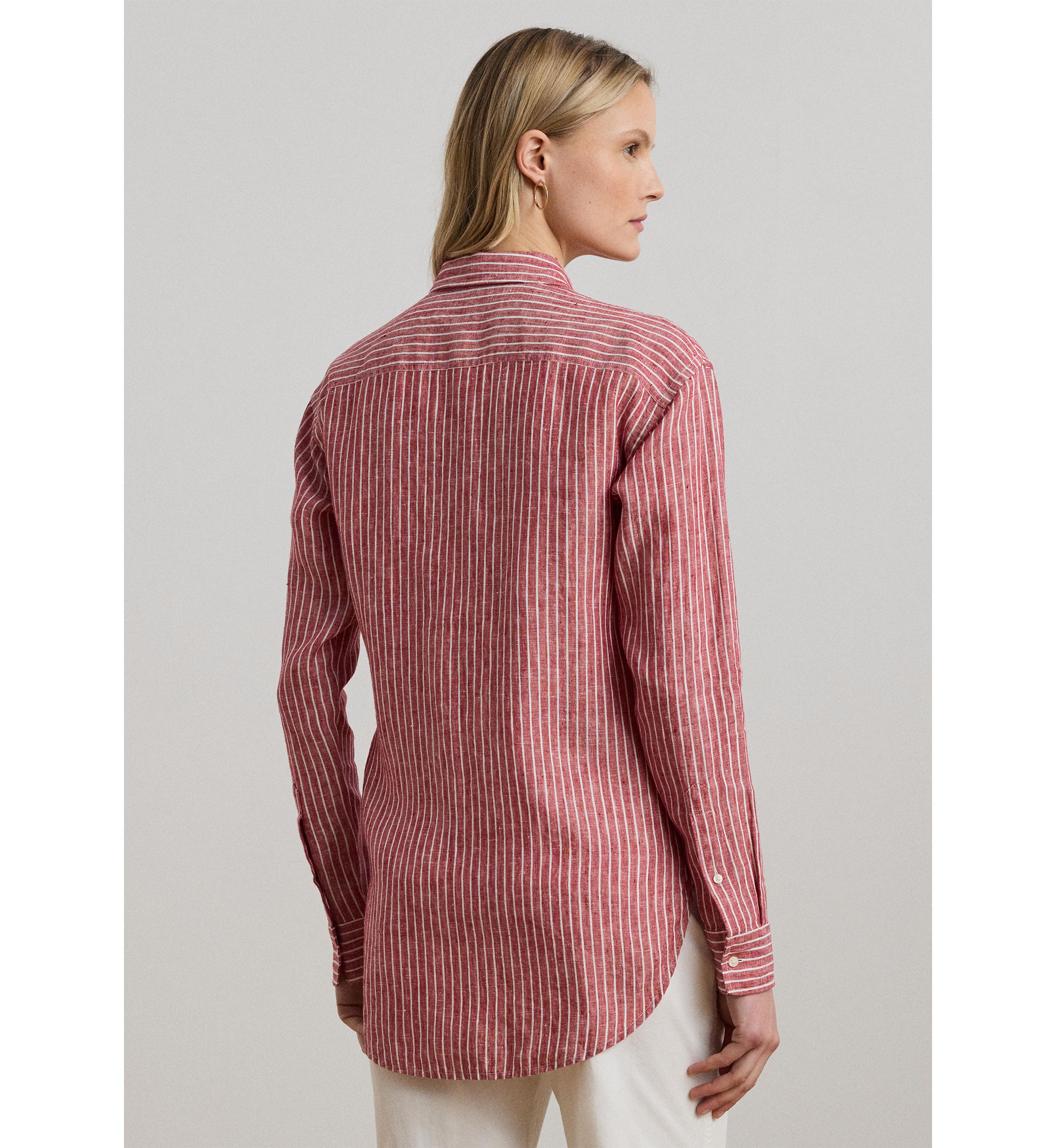 Womens Petite Relaxed Fit Striped Linen Shirt