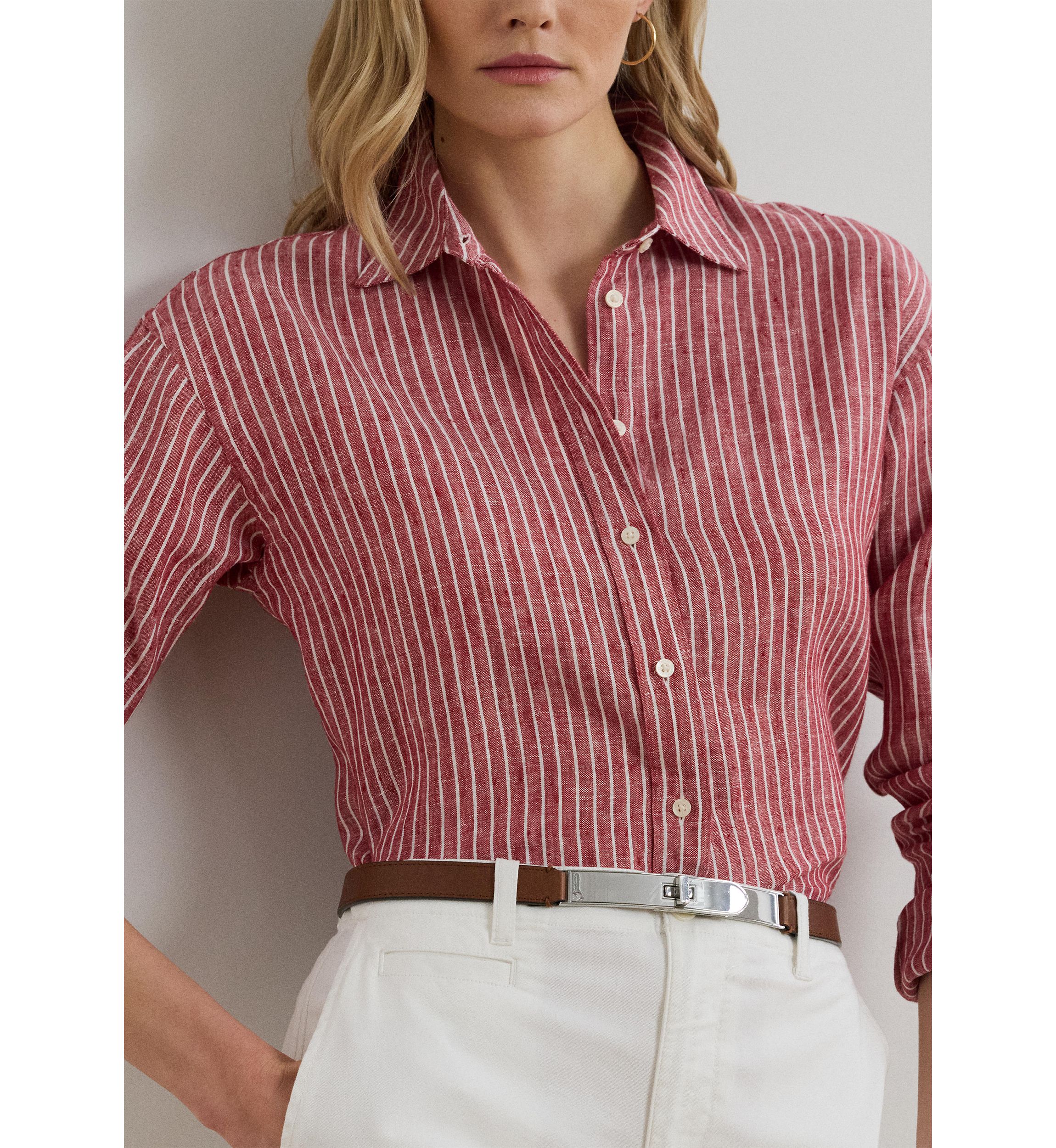 Womens Petite Relaxed Fit Striped Linen Shirt