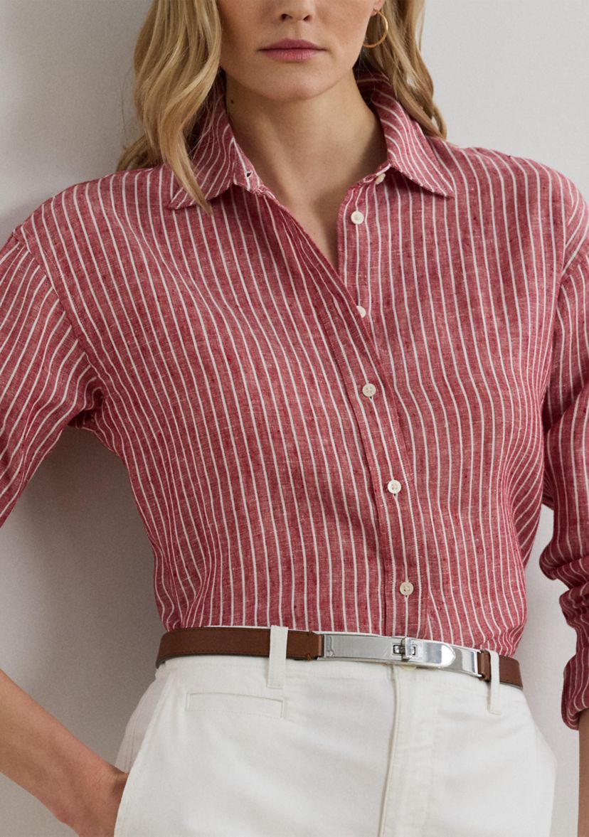 Womens Petite Relaxed Fit Striped Linen Shirt